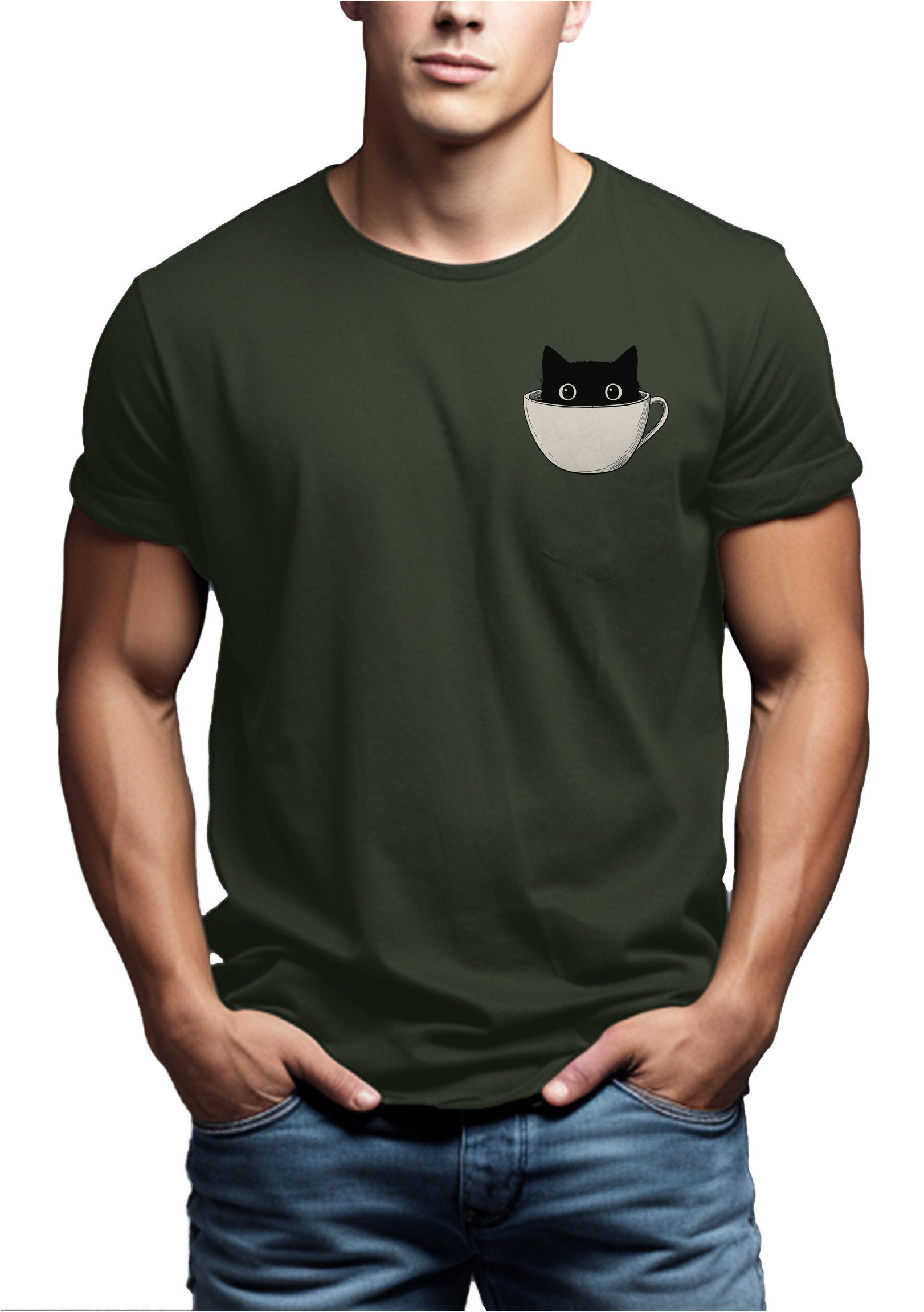 MAKAYA T-Shirt Lustiges Katzen Printshirt für Herren - Witziges Geschenk Kaffeefans (Schwarz, Blau, Grau, Grün, S, M, L, XL, XXL, XXXL, XXXXL, XXXXXL) Baumwolle