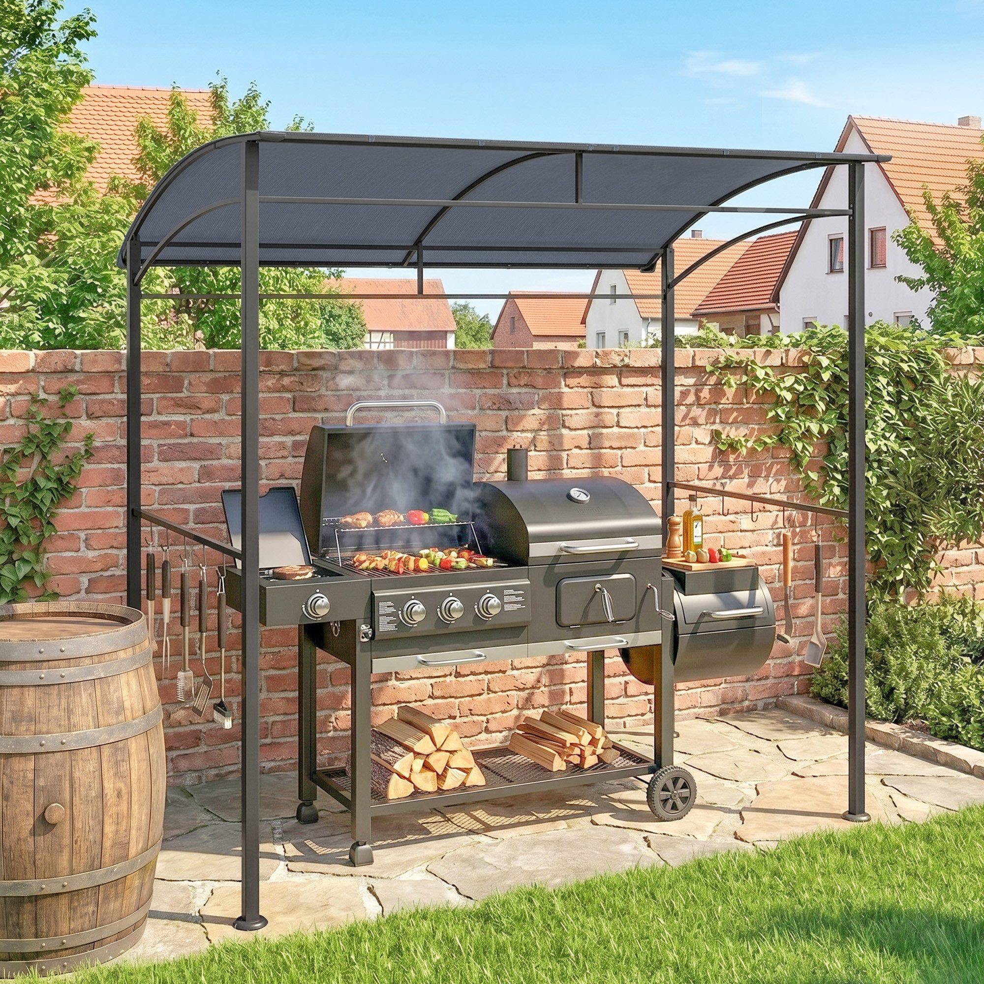 Outsunny Grillpavillon Grillpavillon wasserabweisend mit Gebogendach, Gartenlauben, mit 1 Seitenteilen, (Grillpavillon, Grillüberdachung), für Garten, Balkon, Grau