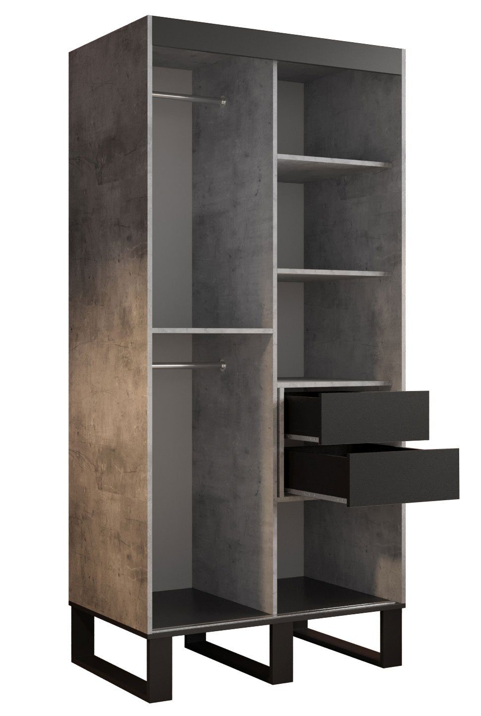 (Loft) beton Loft Schubladen mit Zierleisten, Spiegel schwarz Feldmann-Wohnen / Breite Schiebetürenschrank wählbar und