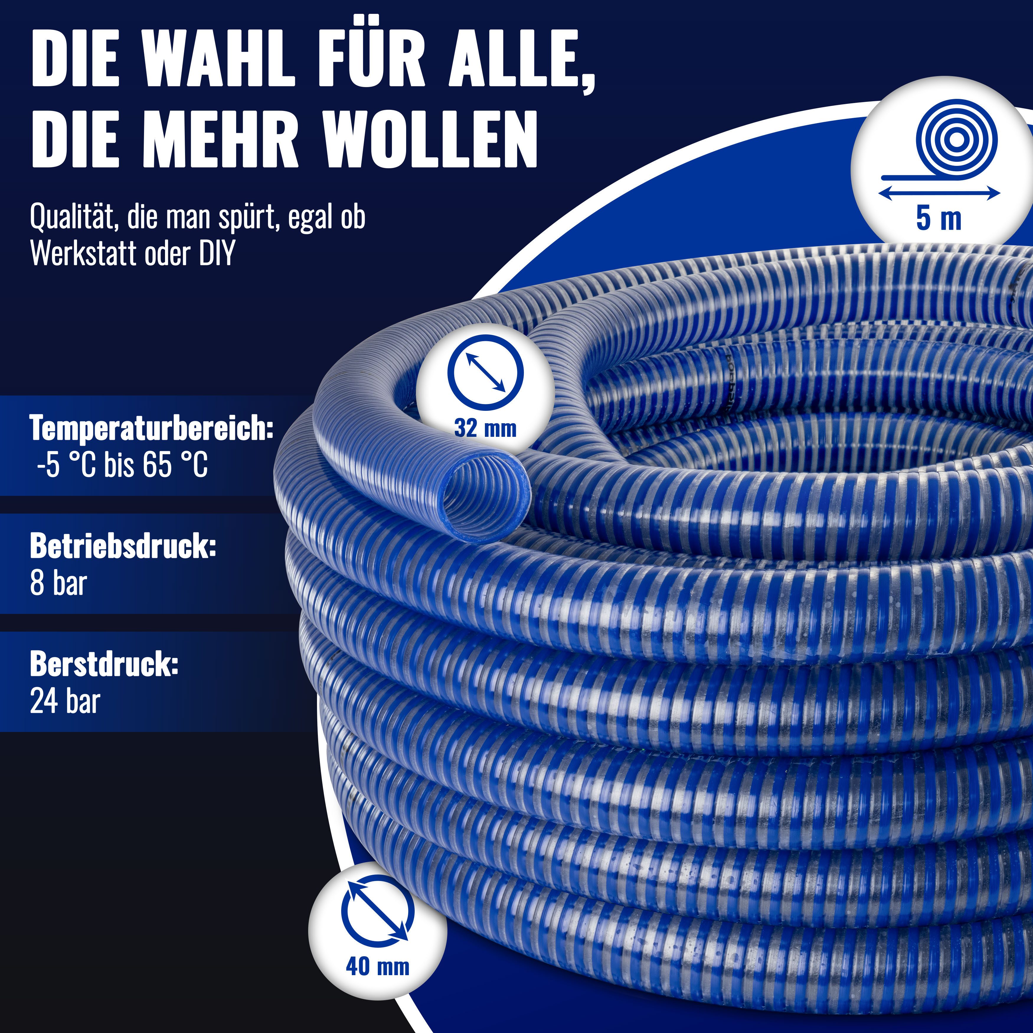 Poppstar Saugschlauch Pumpenschlauch PVC 32mm Innendurchmesser, UV-beständig, 1 1/4 Zoll Saug-, Druck- & Förderschlauch mit Wandstärke 4 mm