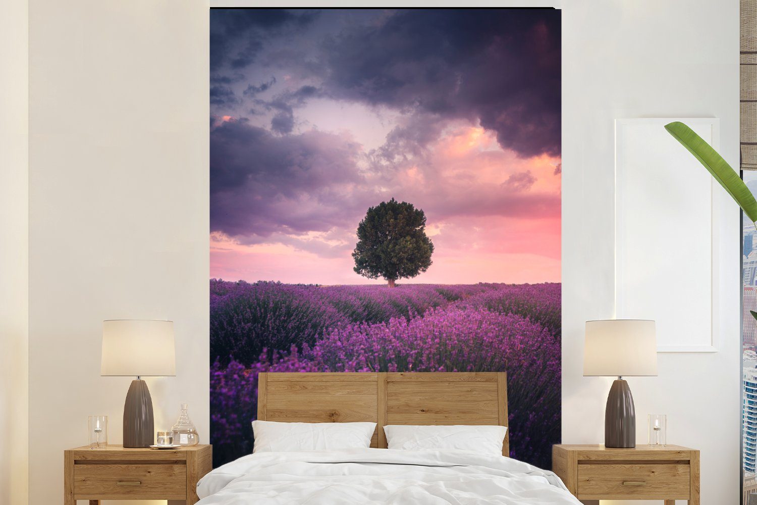 MuchoWow Fototapete Lavendel - Blumen - Lila - Baum - Natur, Matt, bedruckt, (3 St), Montagefertig Vinyl Tapete für Wohnzimmer, Wandtapete