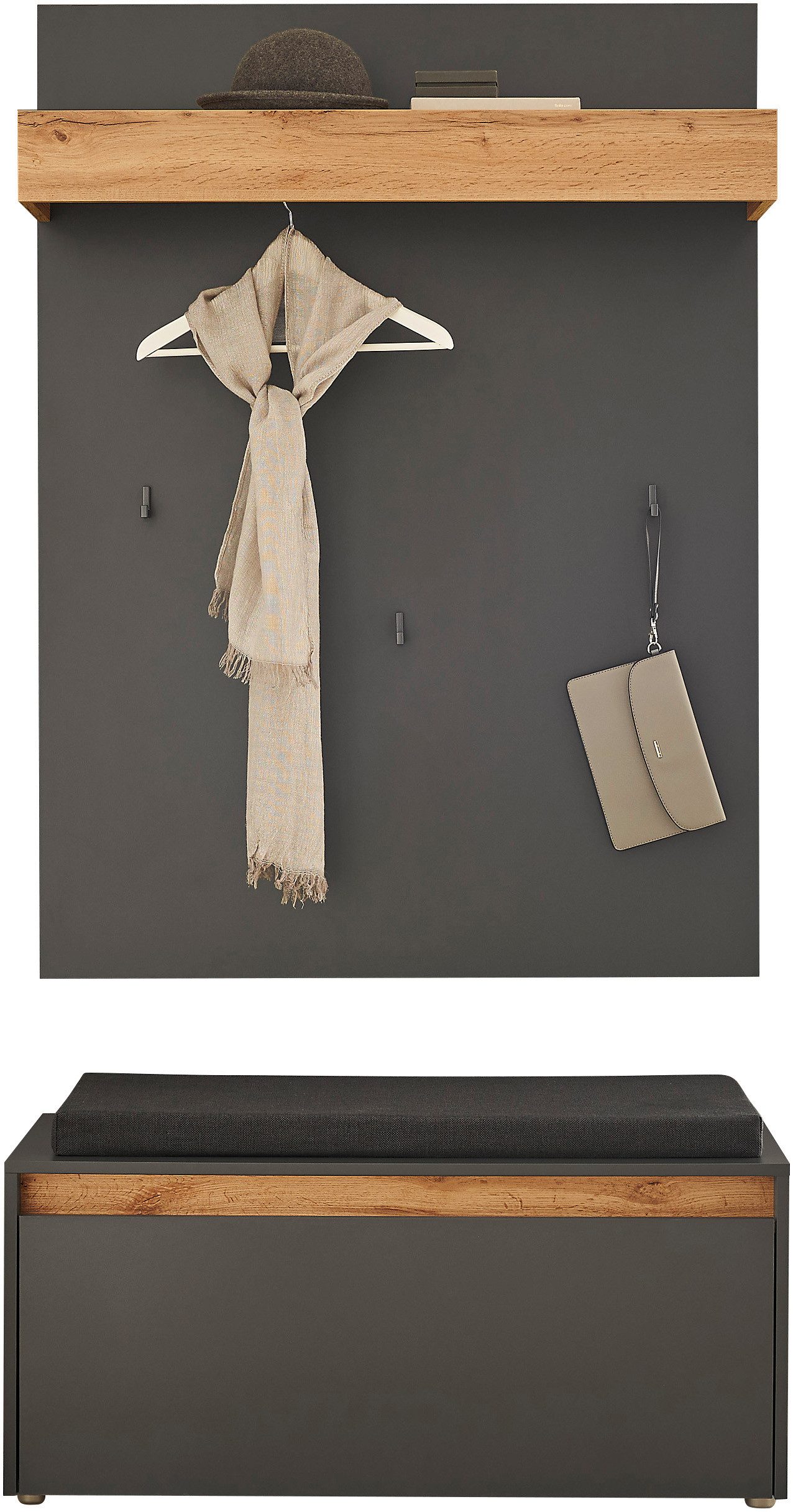 Home affaire Garderoben-Set GIRON/CiTY, moderne Garderobe, Komplettset mit viel Stauraum, (Komplett-Set, 2-St), enthält Garderobenpaneel & Schuhbank inkl. Sitzkissen, 100 cm breit