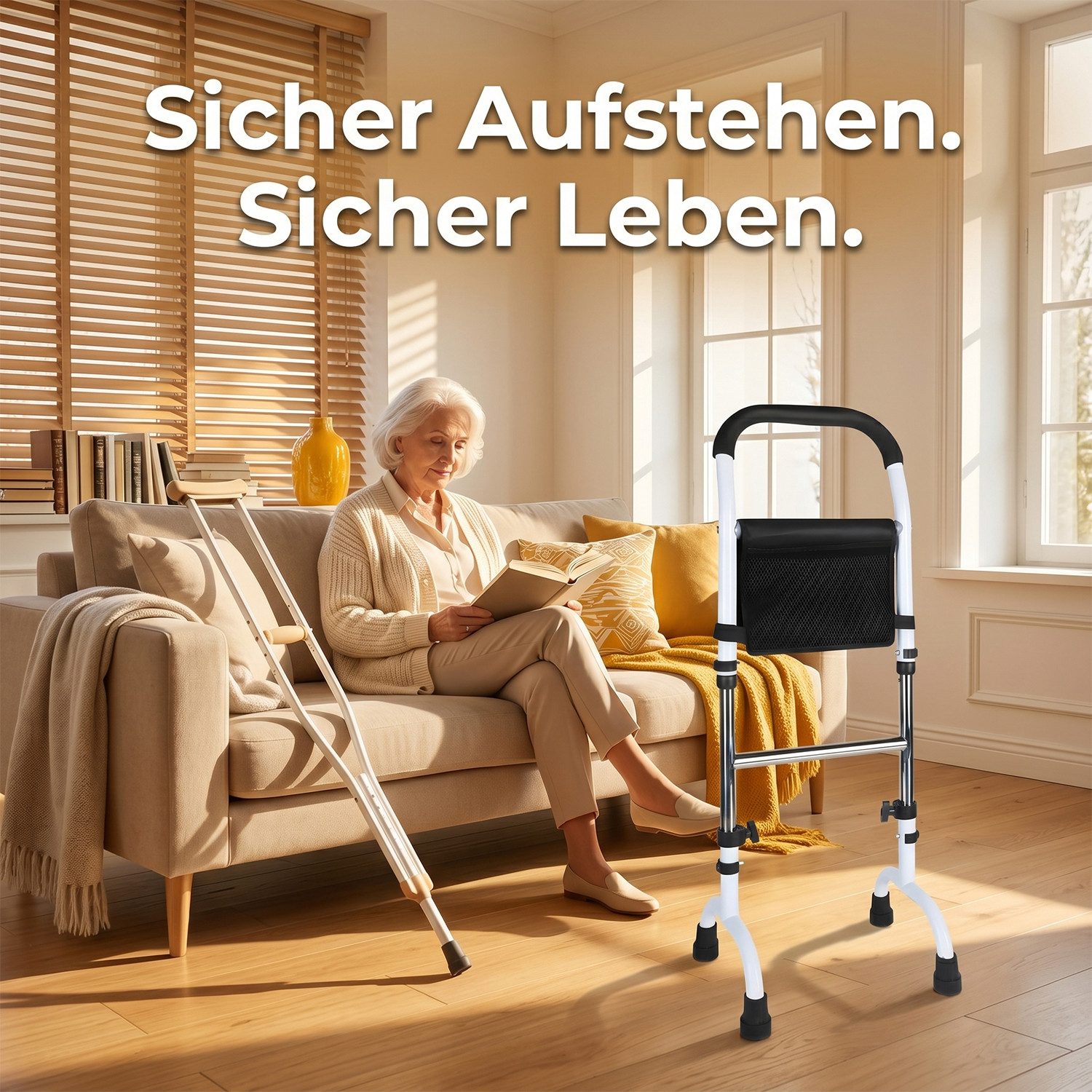 AKKEE Stehhilfe Mobile Aufstehhilfe für Senioren mit Tasche, Höhenverstellbar, Inklusive Aufbewahrungstasche und rutschfesten Gummifüßen.