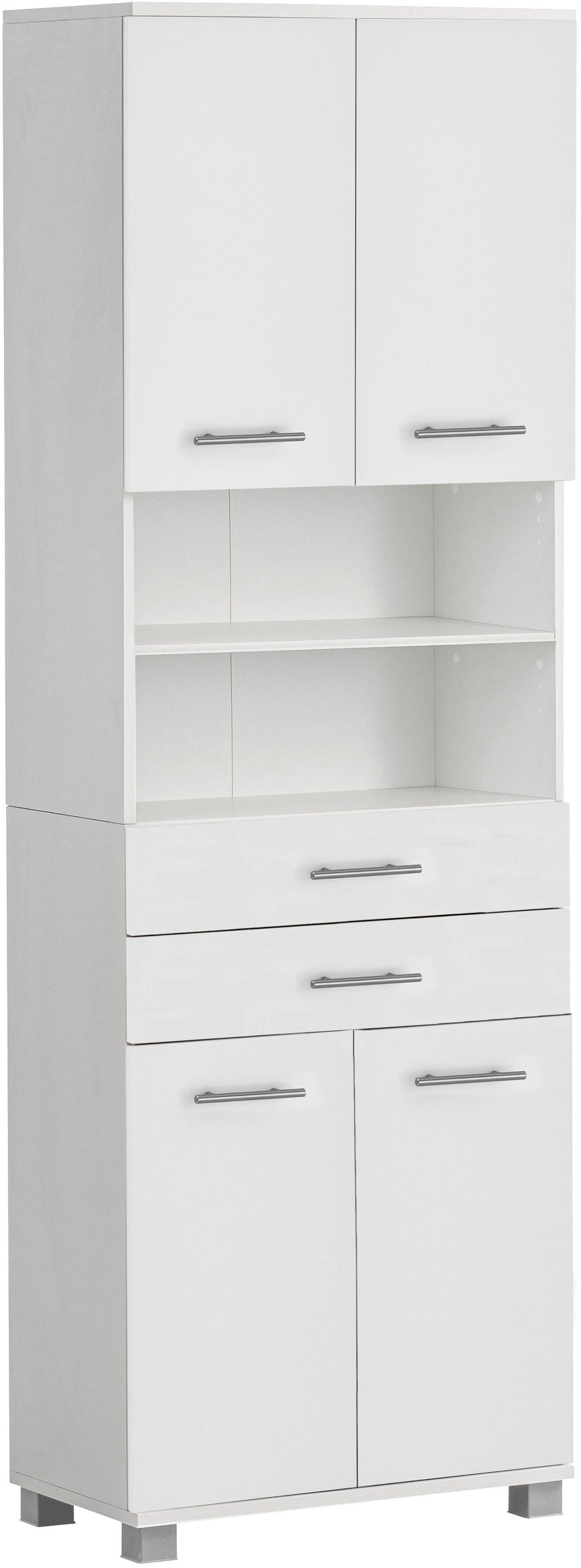 welltime Hochschrank Emmi, Breite 60 cm, Made in Germany 4-türig mit 2 Schubkästen und 2 offene Fächer, Made in Germany