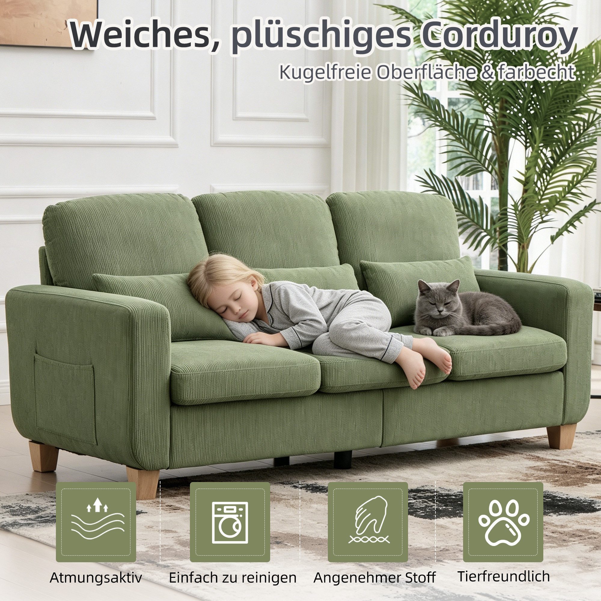 CANMOV Schlafsofa Canmov 2&3 Sitzer Sofa, Sofas Wohnzimmer mit Seitentasche & Kissen, kleines sofa, schlafsofa dauerschläfer, 176cm Breite, couch