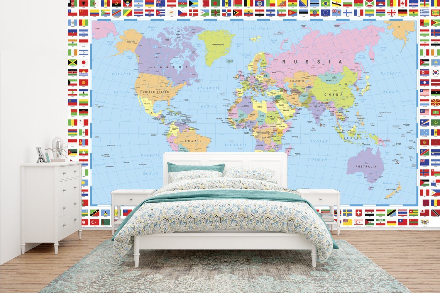 MuchoWow Fototapete Weltkarte - Flagge - Atlas, Matt, bedruckt, (8 St), Wallpaper für Wohnzimmer, Schlafzimmer, Kinderzimmer, Vinyl Tapete