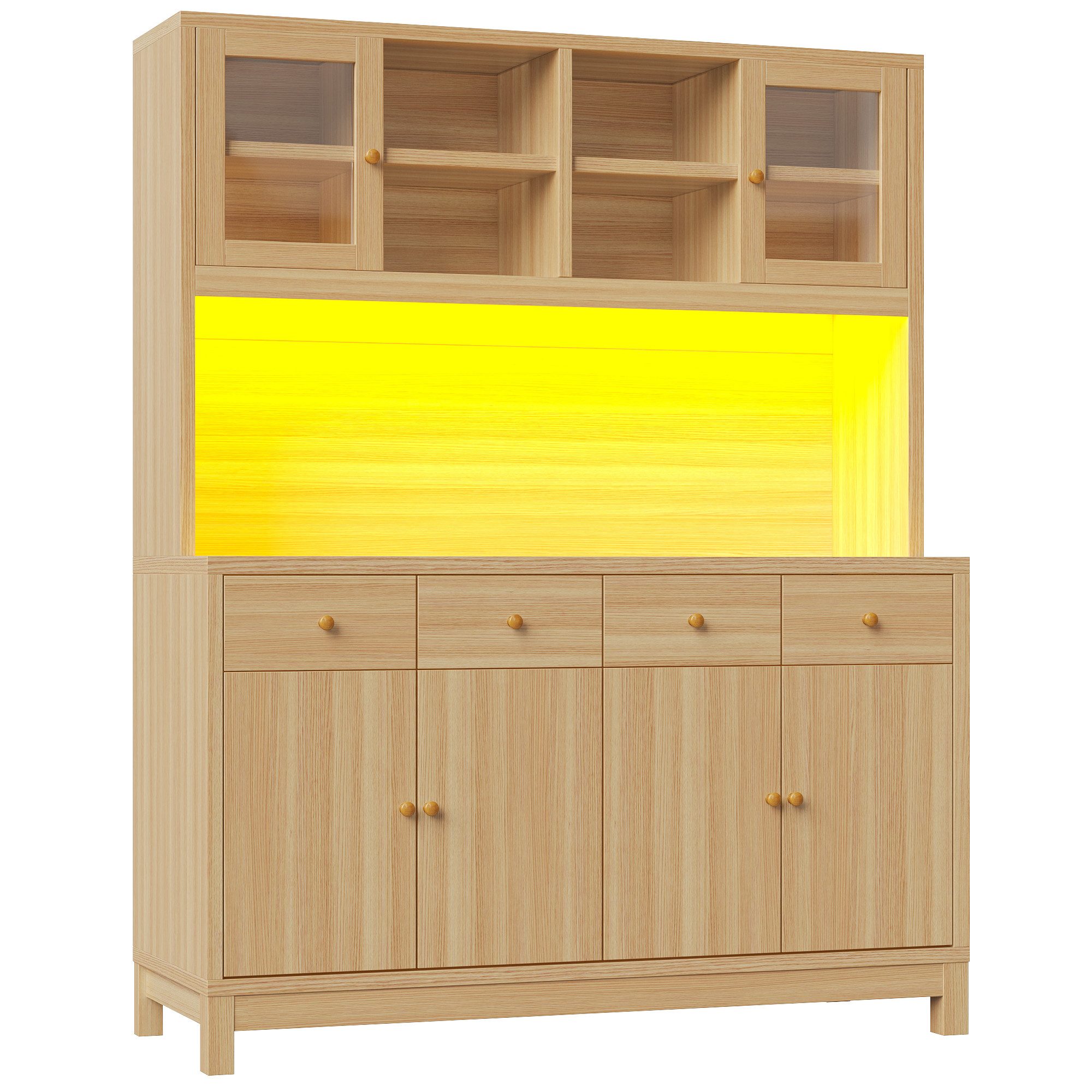 Flieks Küchenbuffet Hochschrank mit App-gesteuerter RGB-LED, Glastüren, 4 Schubladen (mit Arbeitsplatte in Holzoptik, 1-St., 140x40x180 cm) Küchenschrank Mehrzw – Bild 5 von 5