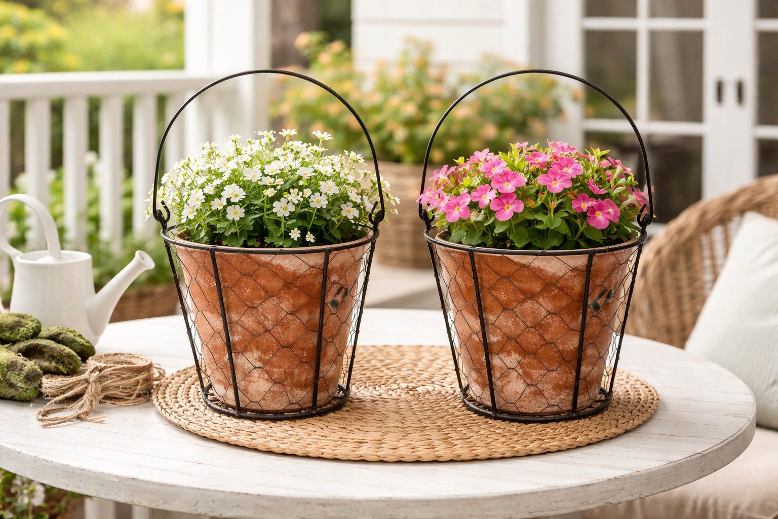 finehomegarden Blumentopf Topf Zement VALO mit Draht und Henkel 2er Set terra Übertopf (Set, 2 St., 2 tilg), Shappy Antik Blumentopf H16cm+H18cm 2Größen wählbar