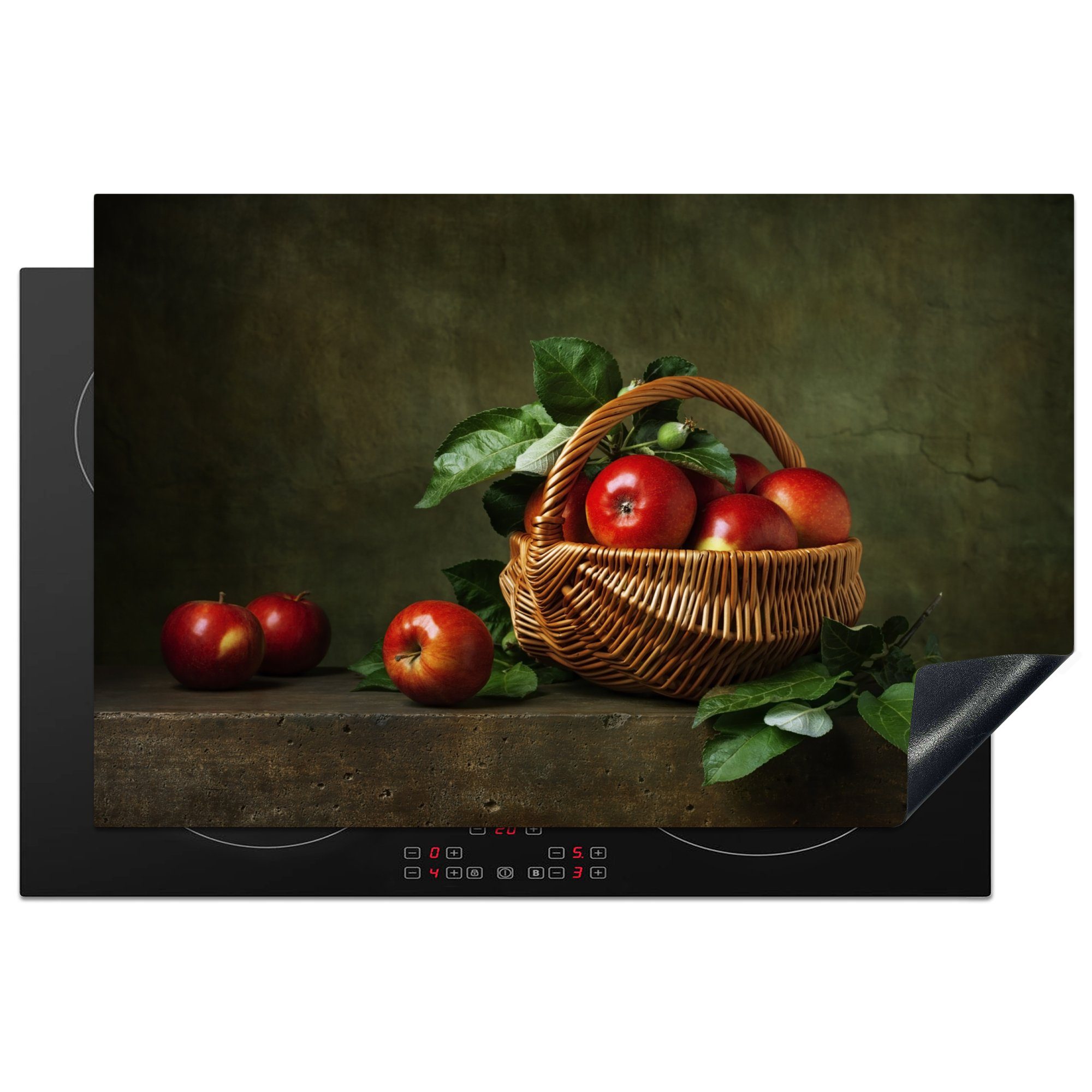 MuchoWow Herdblende-/Abdeckplatte Rustikal - Apfel - Obst - Rot - Korb - Stilleben, Vinyl, (1 tlg), 81x52 cm, Induktionskochfeld Schutz für die küche, Ceranfeldabdeckung