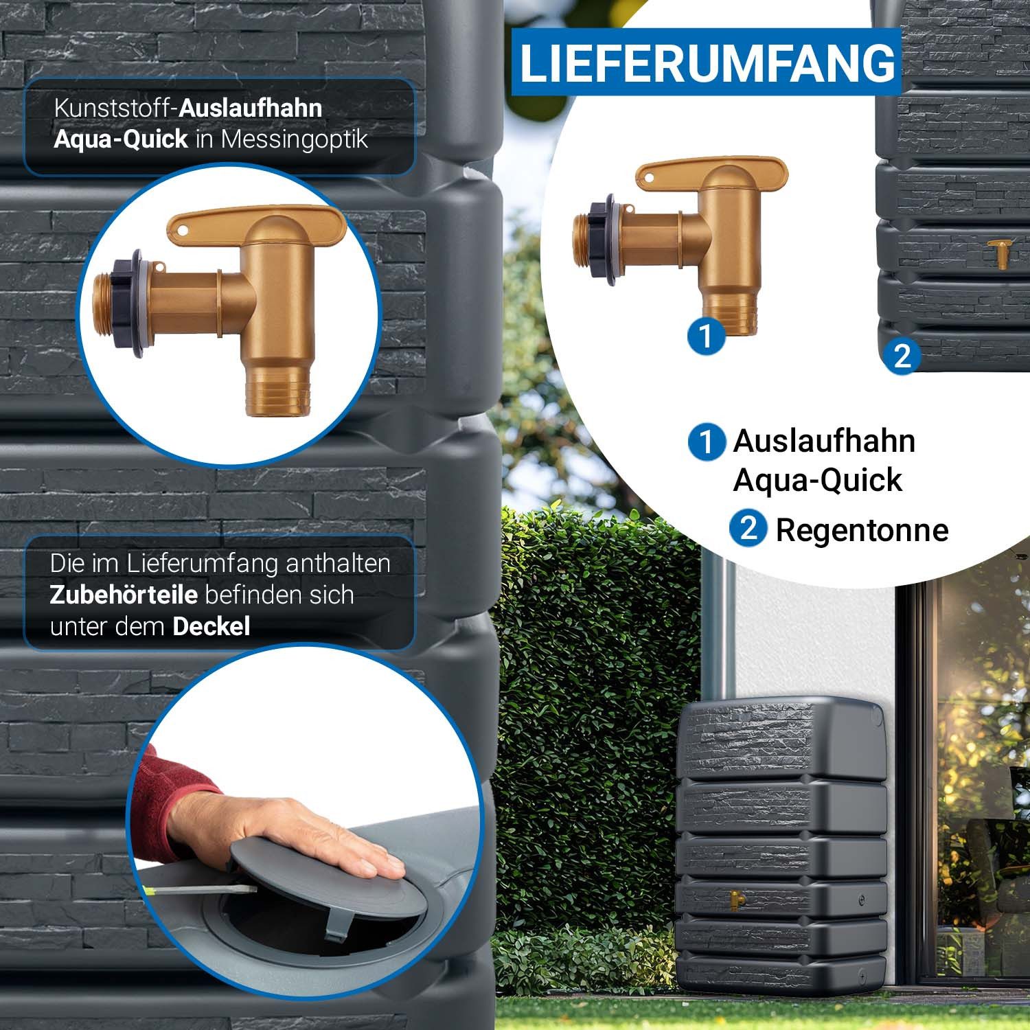 4rain Regentonne SLIM STONE DECOR Mauertank 510 Liter graphite grey, 510 l – Bild 4 von 5