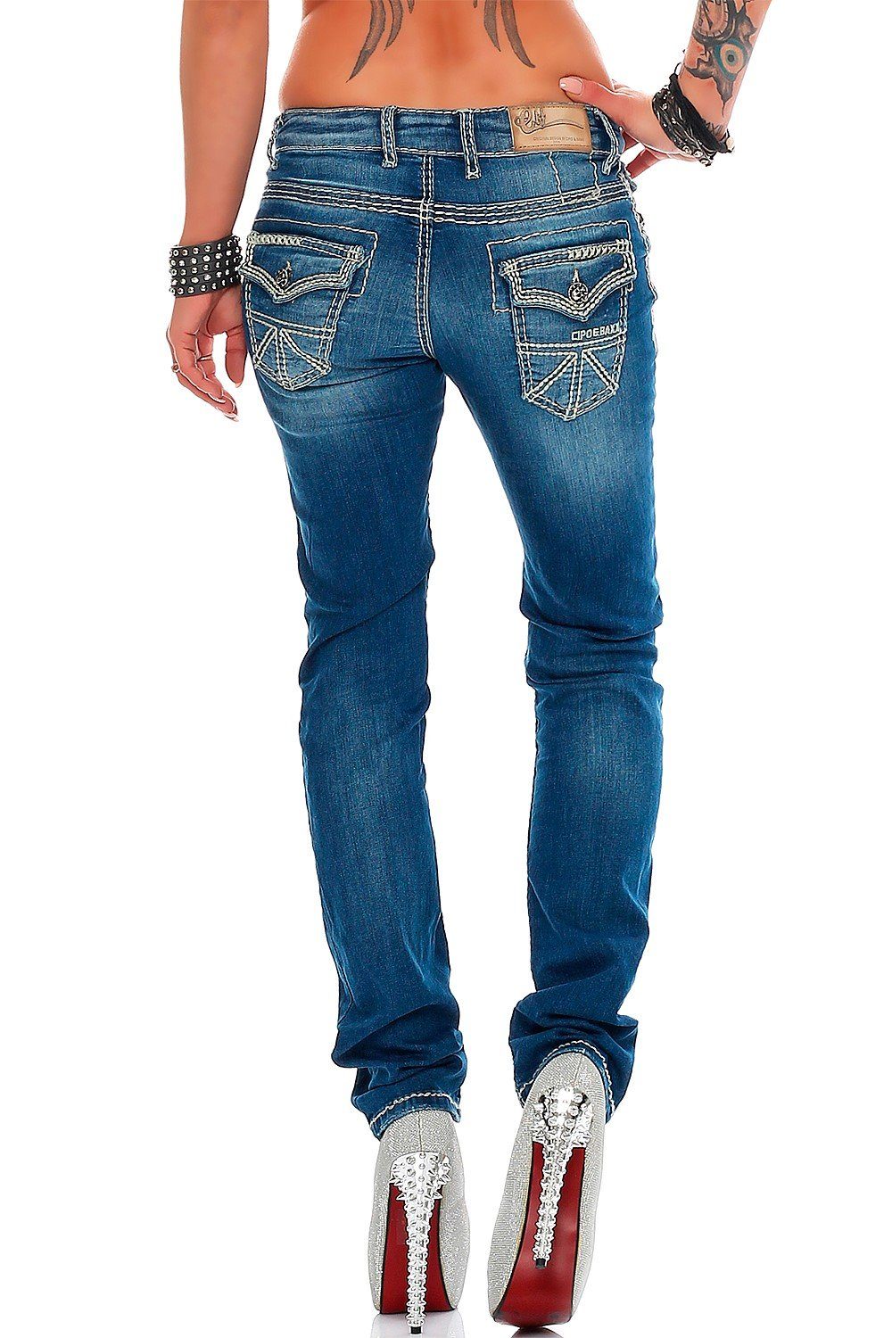 Cipo & Baxx Slim-fit-Jeans Damen Slim Fit Hose Stonewashed BA-WD201 (1-tlg) Stilvolle Kontrastnähte und verzierte Gesäßtaschen