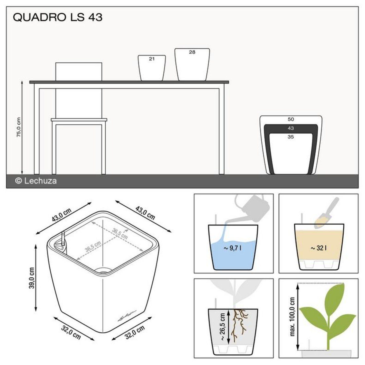 Lechuza® Pflanzkübel Lechuza Pflanztopf Quadro LS 43 taupe hochglanz 16