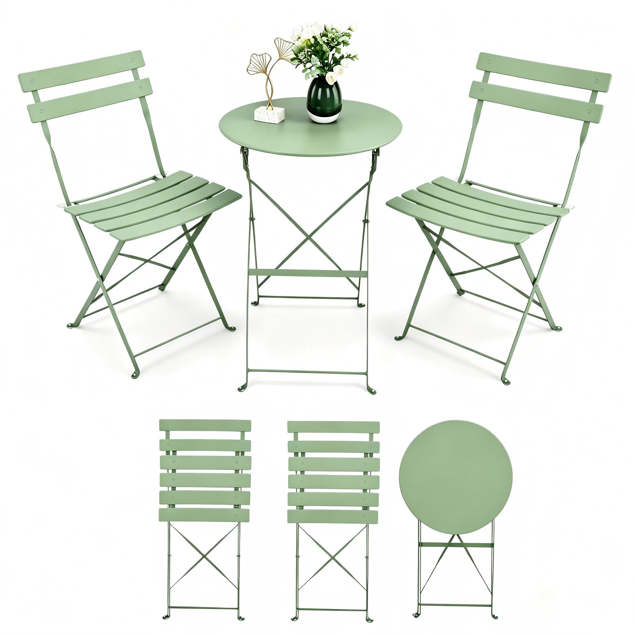 VINGLI Balkonset Bistroset 3-teilig aus Stahl – Bistrotisch mit 2 Klappstühlen, Platzsparendes Gartenmöbel Set, Wetterbeständig, Grün