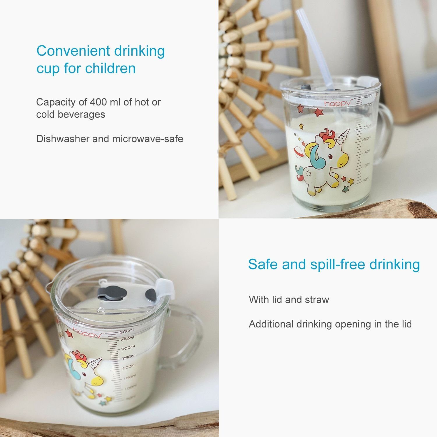 Intirilife Kinderbecher, 1-tlg., Glas, Kinder Trinkbecher transparent mit Deckel Strohhalm mit Einhorn Design