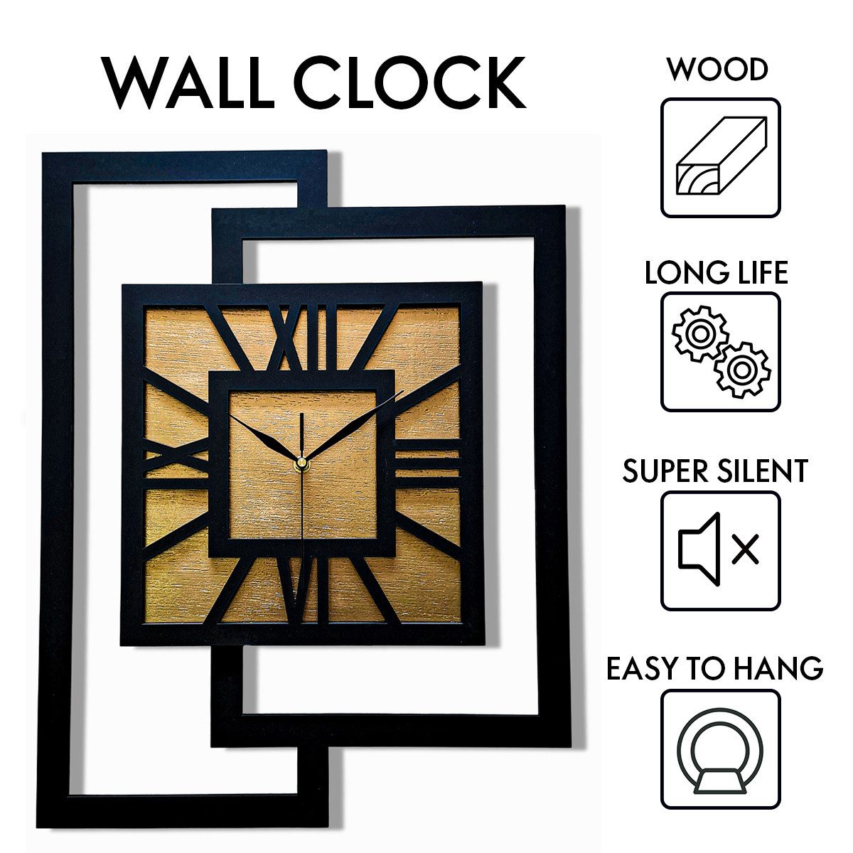 ORNAMENTI Wanduhr Grosse, moderne, geometrisch, Holz, hingucker, Loft, Rechteck (römisch, römische Ziffern, ohne Ticken, Wanddeko)