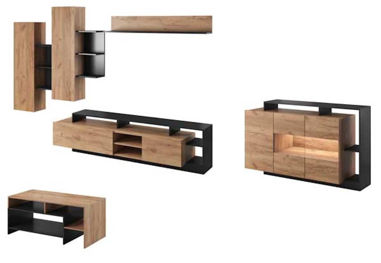 Feldmann-Wohnen Wohnwand Alva, (1 Lowboard, 2 Hängeschränke, 1 Wandregal, 1 Kommode, 1 Couchtisch, 6-St., moderne Optik, 6-teiliges Wohnzimmer-Set), Wildeiche Gold anthrazit