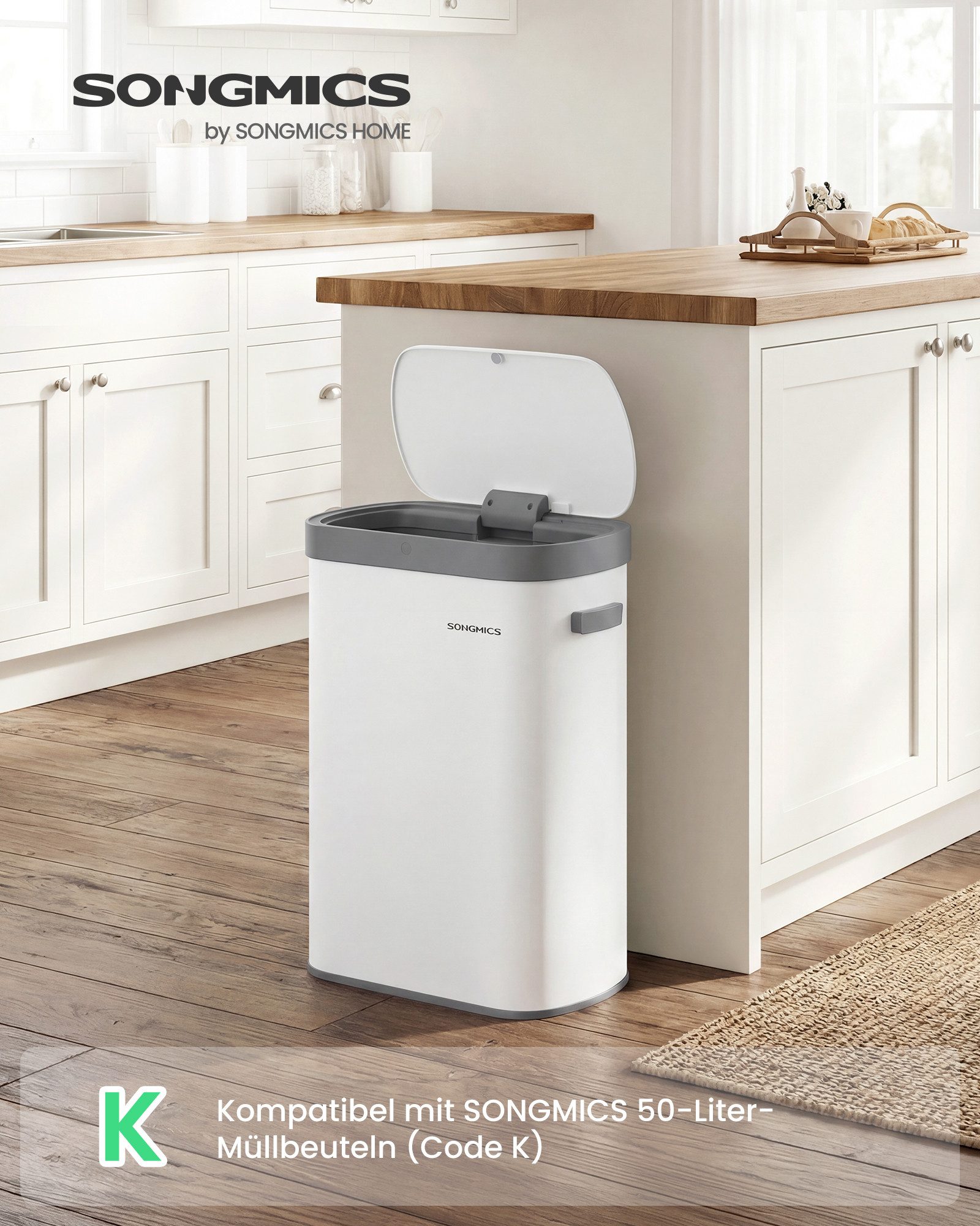 SONGMICS Mülleimer Sensor-Mülleimer, Küche 50 L, mit Sensor, Stahl, Kohlefilter, Softclose-Deckel