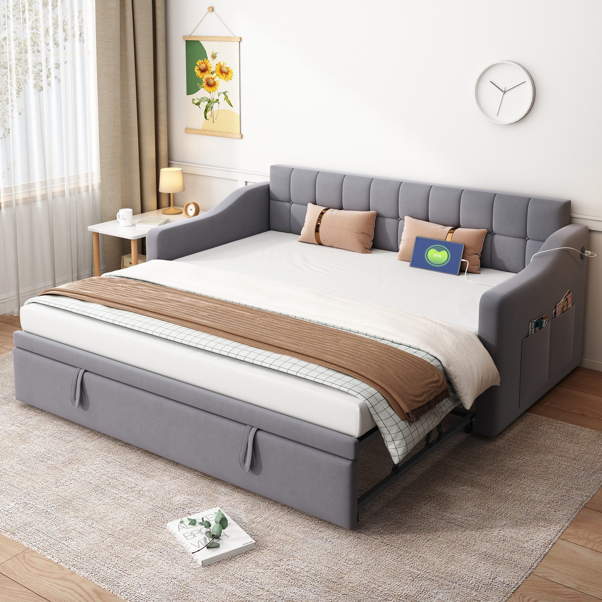 Odikalo Schlafsofa Schlafsofa mit Auszug, Gästebett Samt, Jugendbett mit Bettkasten, Polsterbett Schlafsofa 2 in 1 Multifunktionsschlafsofa 90x190 180x190, Grau / Hellgrau Samtstoff Polsterbett mit Aufbewahrungstasche, Weiches Kissen, vielseitiges Schlafs