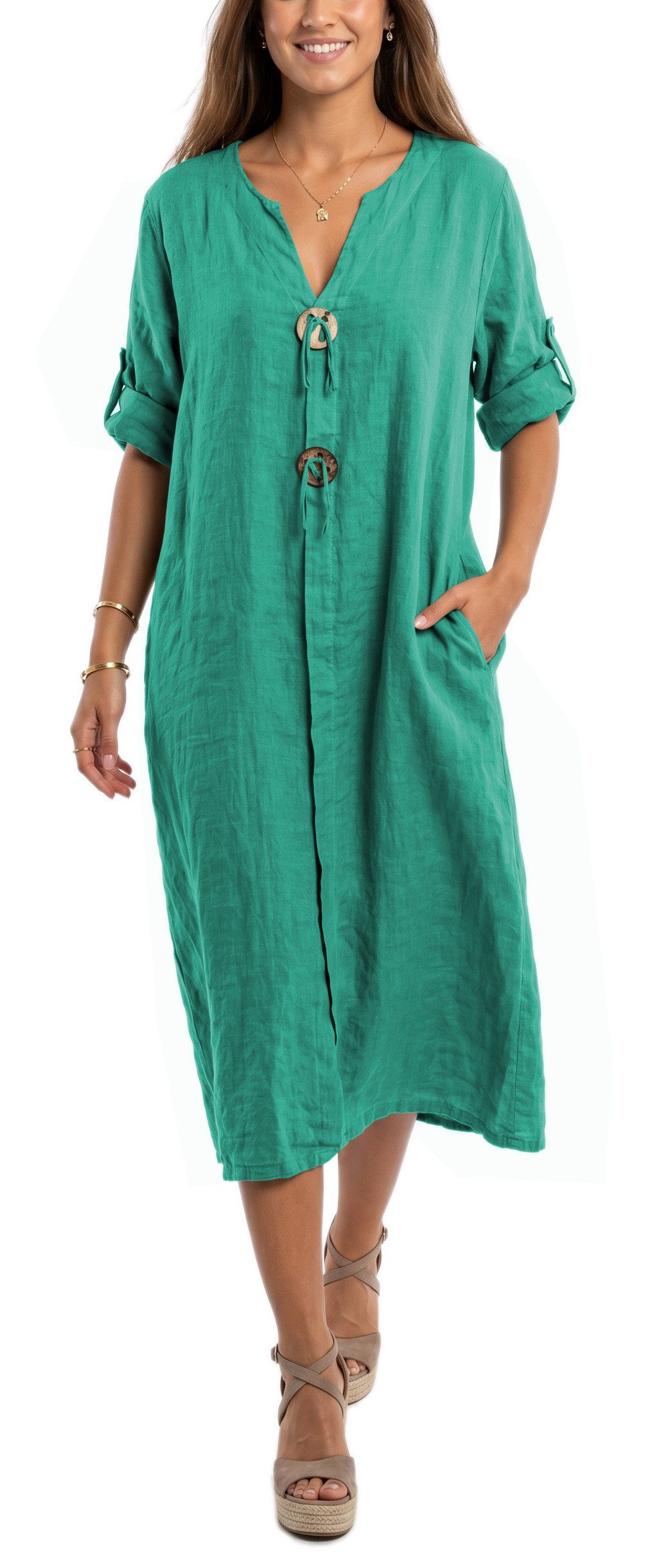 dy_mode Hemdblusenkleid Damen Leinenkleid Midi Hemdblusenkleid mit V-Ausschnitt Freizeitkleid in Unifarbe, V-Ausschnitt, mit seitlichen Eingriffstaschen