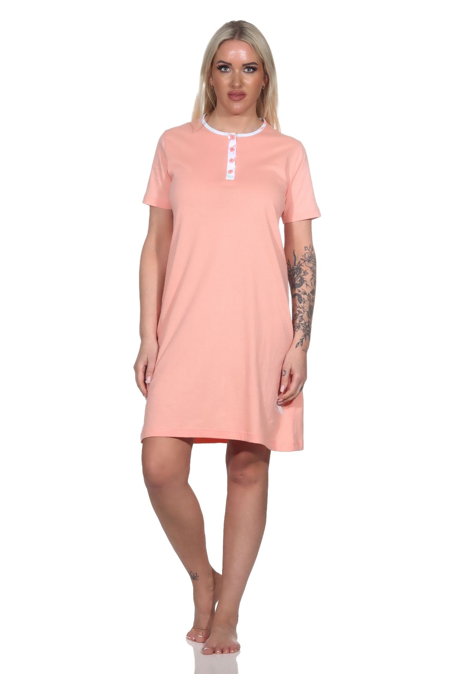 Normann Nachthemd Damen kurzarm Nachthemd mit Flamingo Motiv und Knopfleiste am Hals apricot