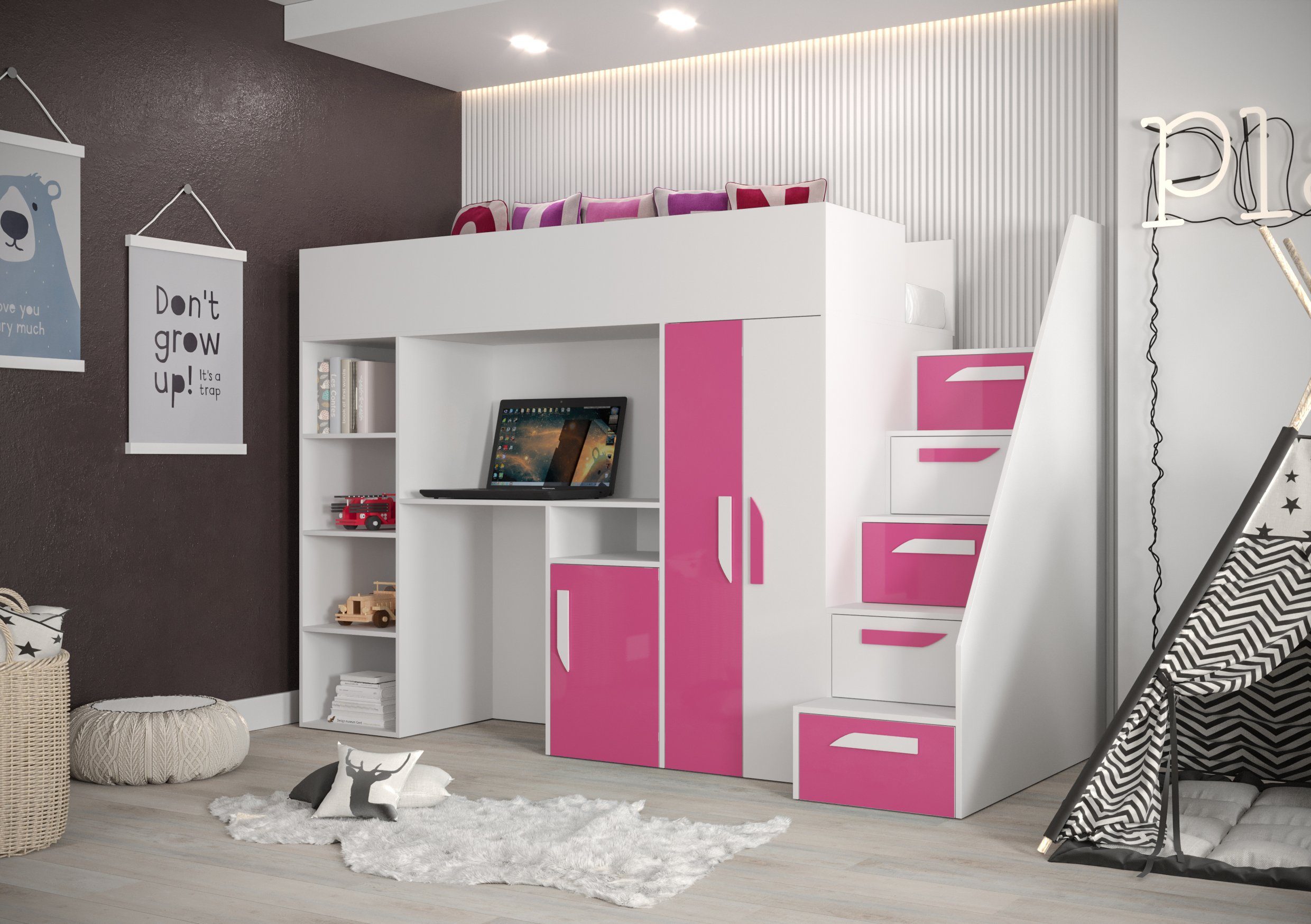 Unique Home Hochbett Kinderbett PAR 14, Inkl. Schreibtisch, Kleiderschrank und Treppe Farbe wählbar Weiß/Rosa