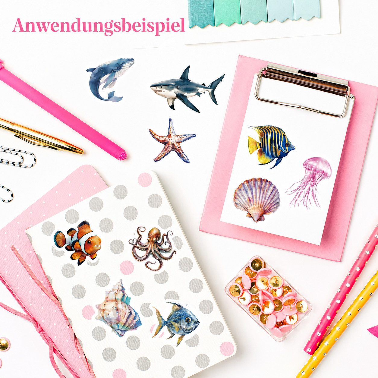 Ware aus aller Welt Sticker 500 Meerestiere Sticker Rolle Fische Seesterne Muscheln Krake ..., (500-tlg)