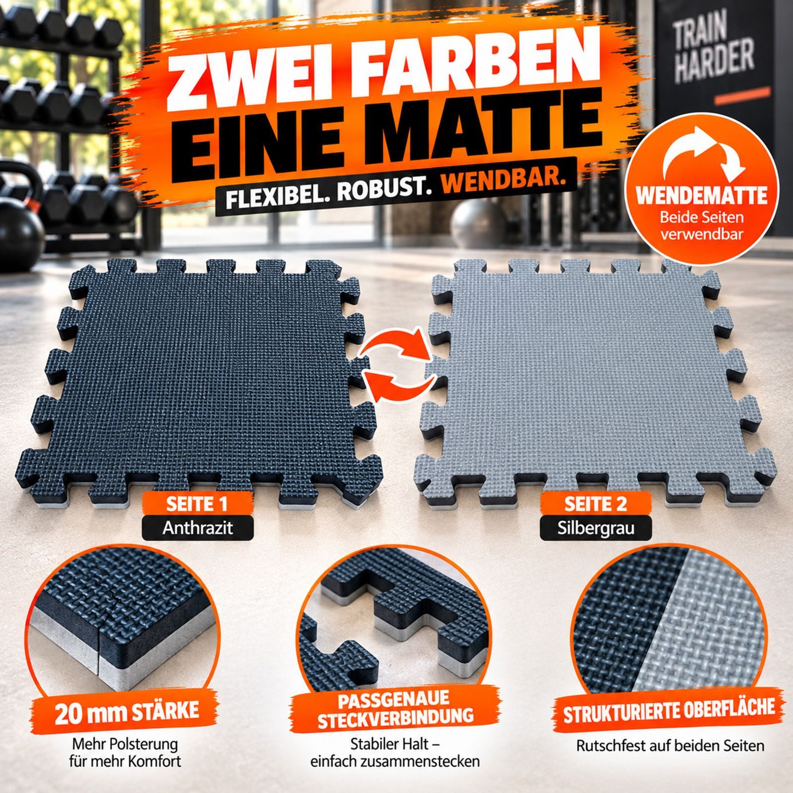 BURI Bodenschutzmatte Bodenschutzmatten 2cm Wendematte 18er Set Puzzlematten 31x12cm Fitness, 18-St. – Bild 5 von 5