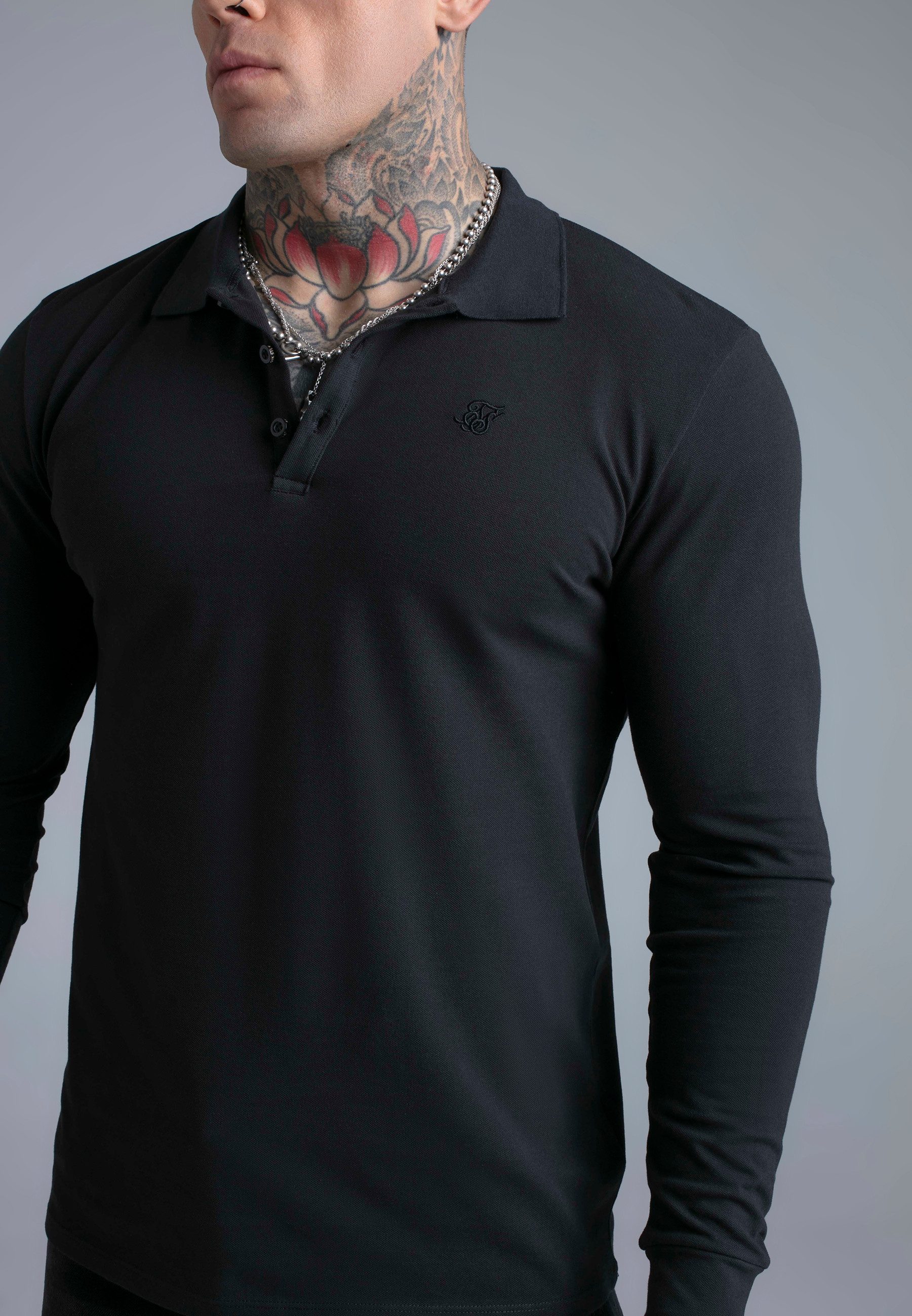 Siksilk T-Shirt SikSilk Herren Schwarzes Langarm Button-Polo – Bild 2 von 4