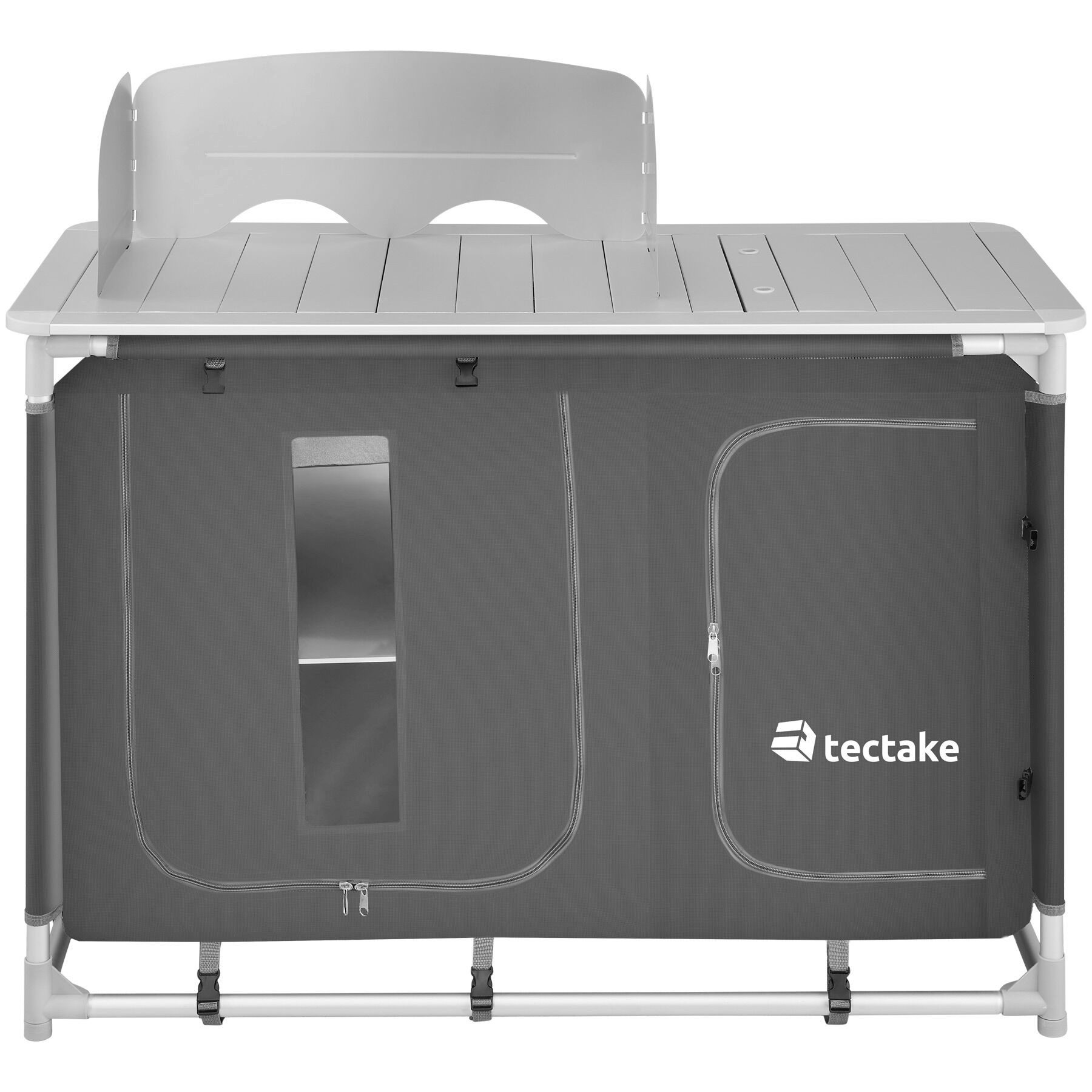 tectake Campingtisch Camping-Klapptisch, Maße: 116 x 52 x 107 cm, wetterbeständig (Outdoor-Tisch, 1-St., in grau), Faltbar, mit viel Stauraum, Windschutz und Spülbecken, mit Tragetasche