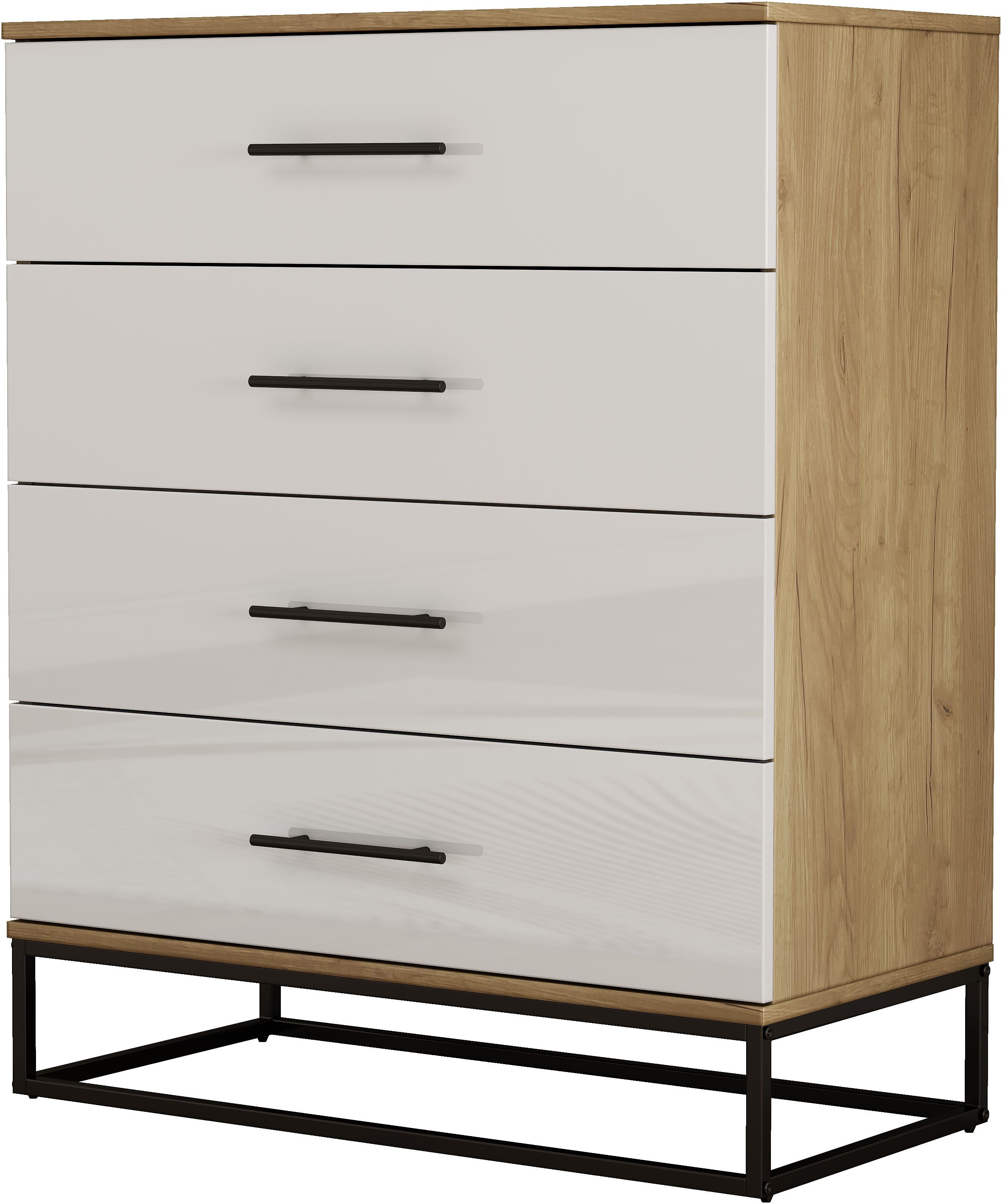 OTTO home Schubkastenkommode Lucca Sideboard mit schwarzen Griffen 4 Schubladen Kufengestell (Hochwertige Hochglanzfronten in weiß), Kommode Wäscheschrank im Loft Design mit 4 Schubladen