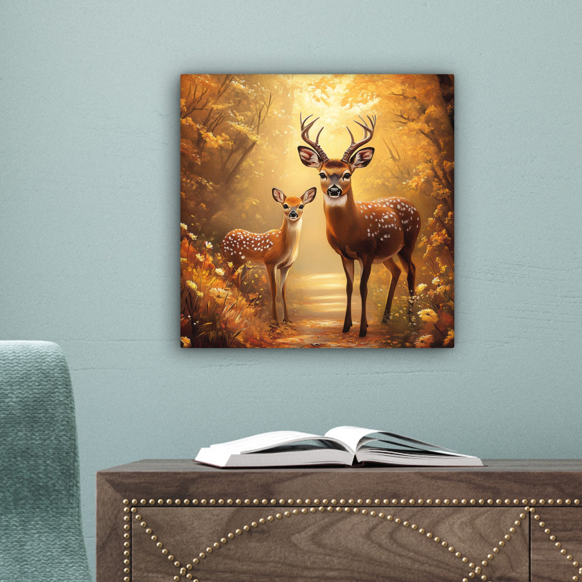 OneMillionCanvasses® Leinwandbild Herbst - Wald - Hirsche - Tiere - Natur - Braun, Fotodruck (1 St), Wandbild, Deko Schlafzimmer Wohnzimmer Flur 20x20 cm – Bild 3 von 5