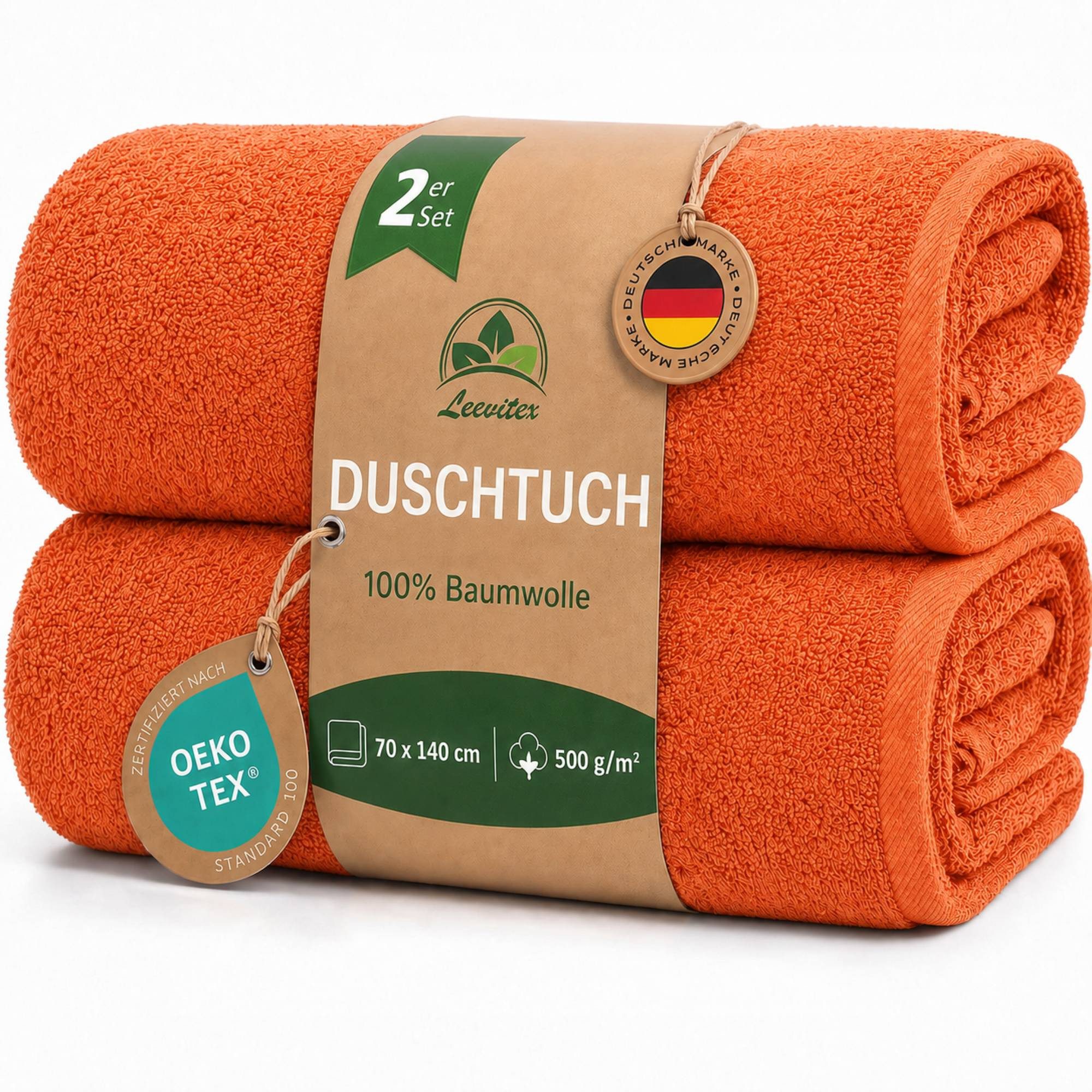 leevitex® Duschtücher 2er-Set, 70x140 cm, 100% Baumwolle, saugstark und fusselfrei, Frottee (Set, 2-St), OEKO-TEX® STANDARD 100 zertifiziert, gestreifte Bordüre