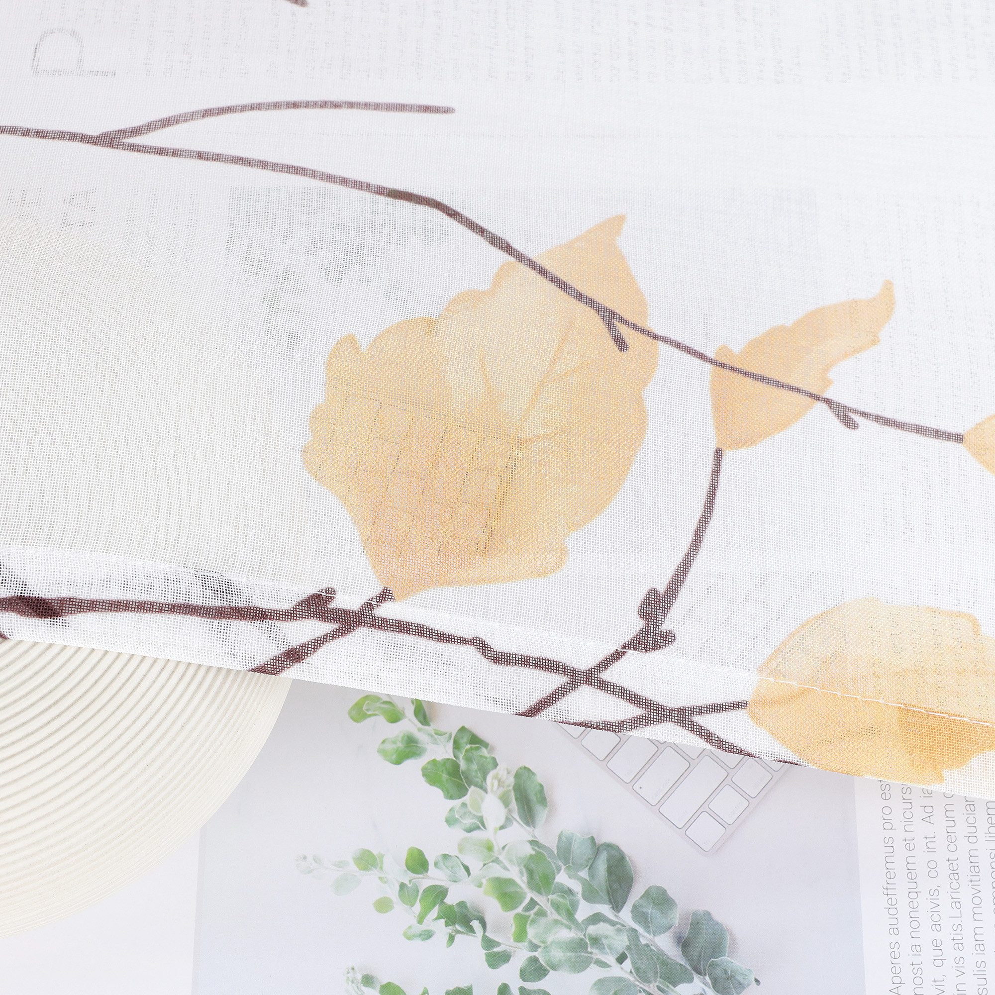 Joyswahl Scheibengardine (1 St), Schlaufen, transparent, Voile Landhausstil Weiß Kurzstores mit Blatt- und Blumenmuster