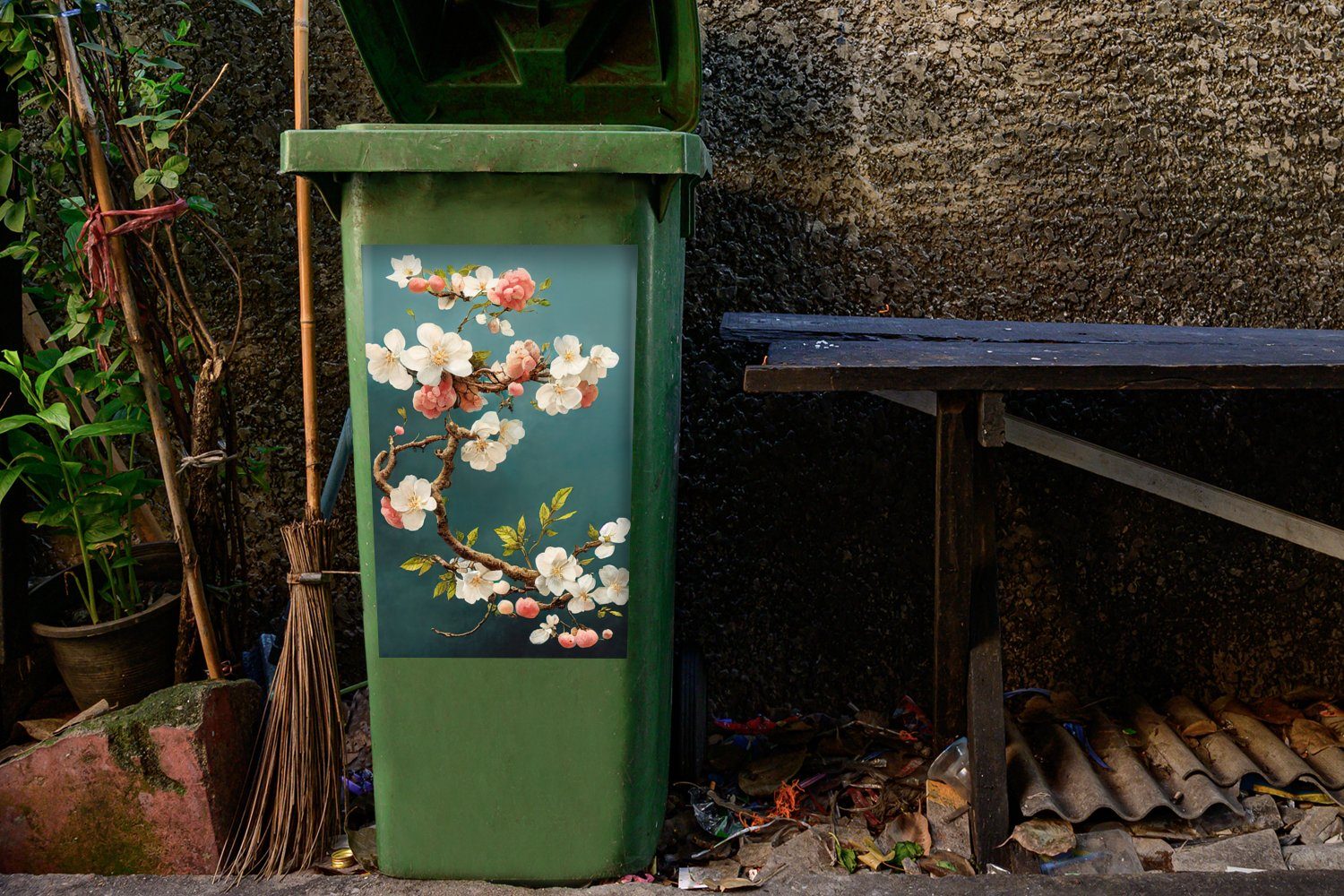 MuchoWow Wandsticker Blumen - Zweig - Sticker, Weiß (1 Container, - Mülltonne, Abfalbehälter Kirsche Mülleimer-aufkleber, Blüte St), 