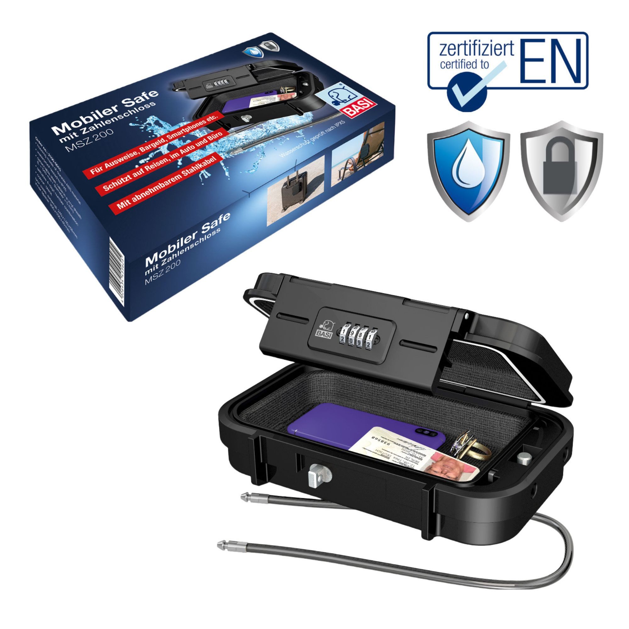 BASI Dokumententasche Mobiler Safe mit Zahlenschloss, Sicherheitsbox (Packung, 1-St), 4-stelliger Zahlencode, IPX5 geschützt, L24 x B14 x H5,8 cm