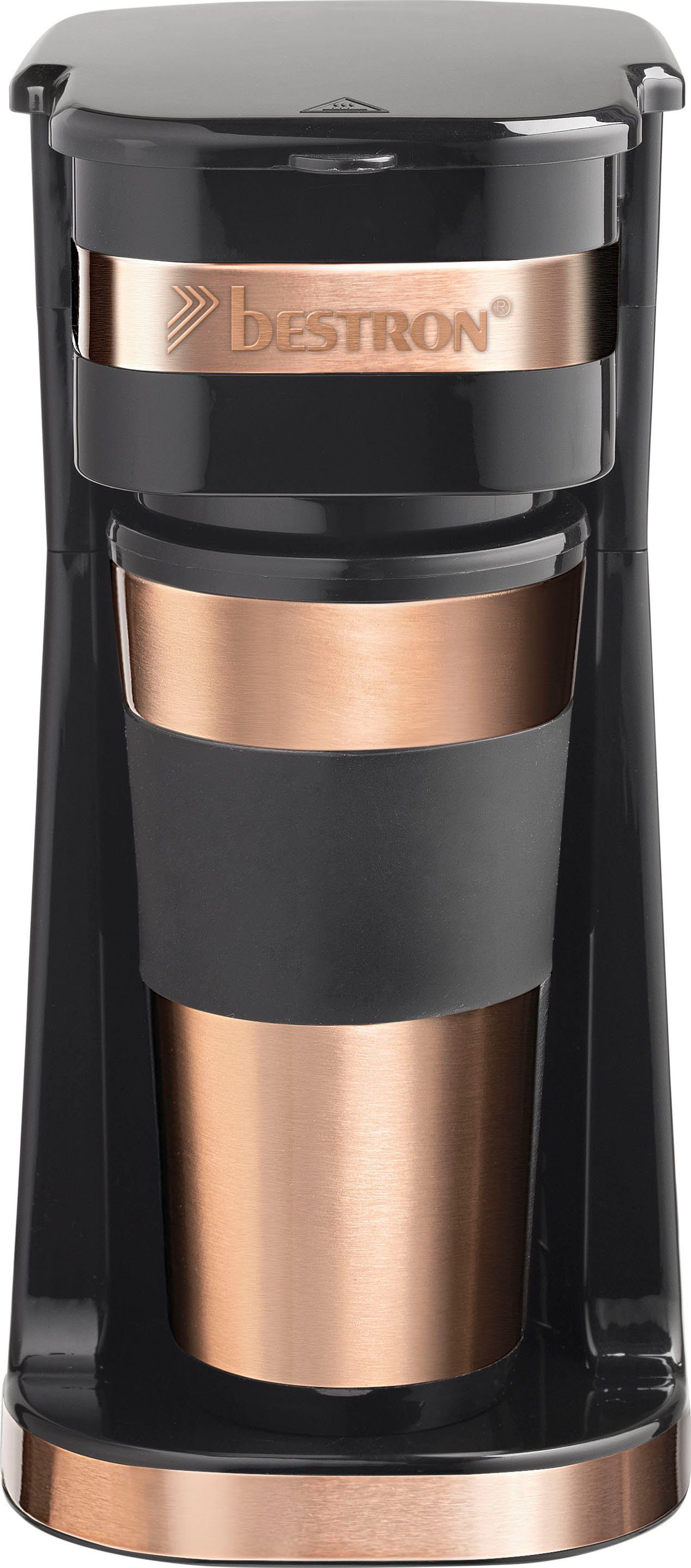 bestron Filterkaffeemaschine ACM112CO, mit Isolierbecher, 0,42l Kaffeekanne, Papierfilter 101, Camping Kaffeemaschine, Permanentfilter, für 2 Große Tassen, Kupfer