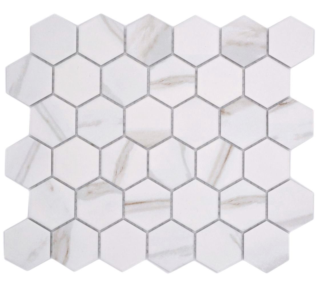 Mosani Mosaikfliesen Keramik Mosaik Hexagon Sechseck weiß graubraun