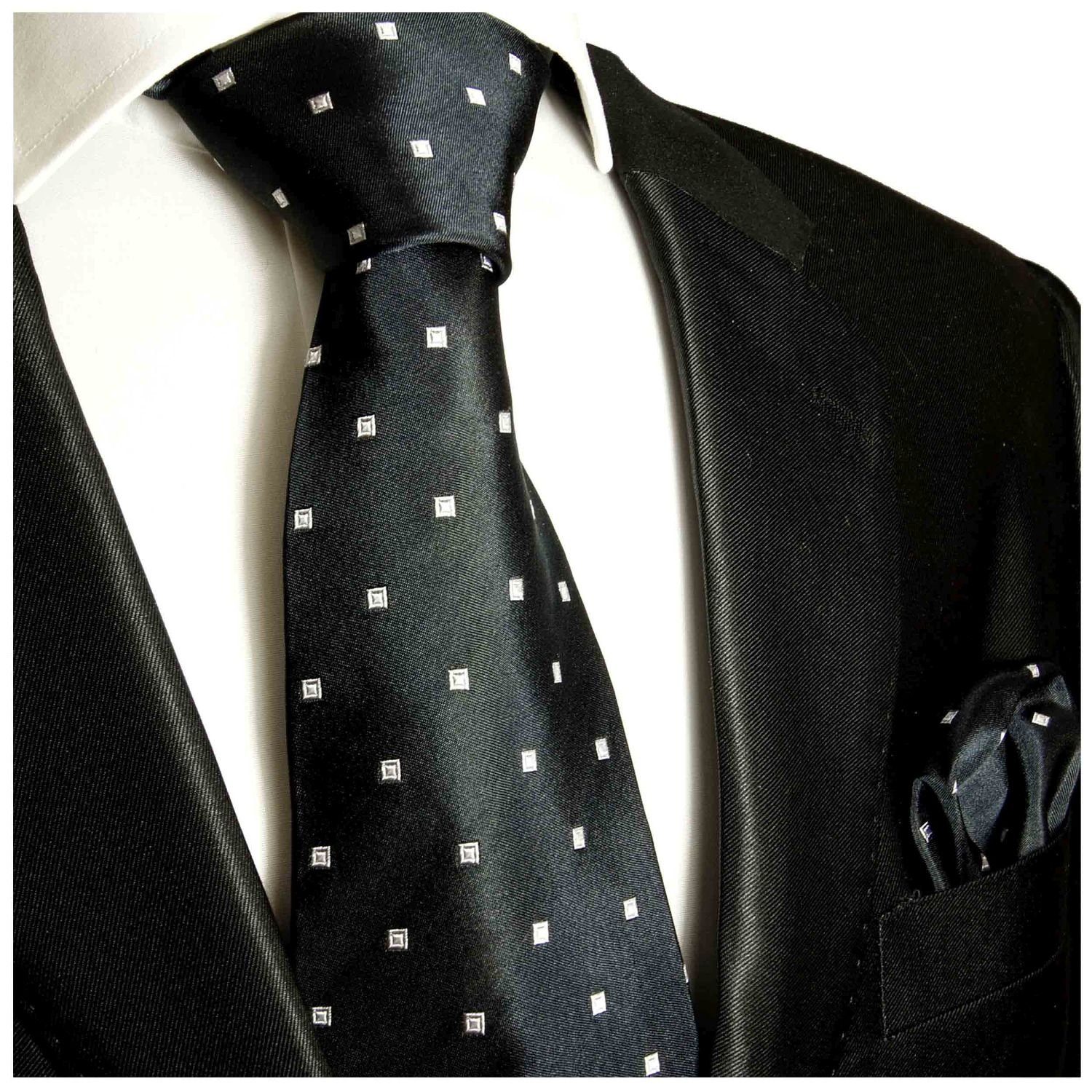 Paul Malone Krawatte Herren Seidenkrawatte und Tuch modern gepunktet 100% Seide (Set, 2-St., Krawatte mit Einstecktuch) Breit (8cm), schwarz 523