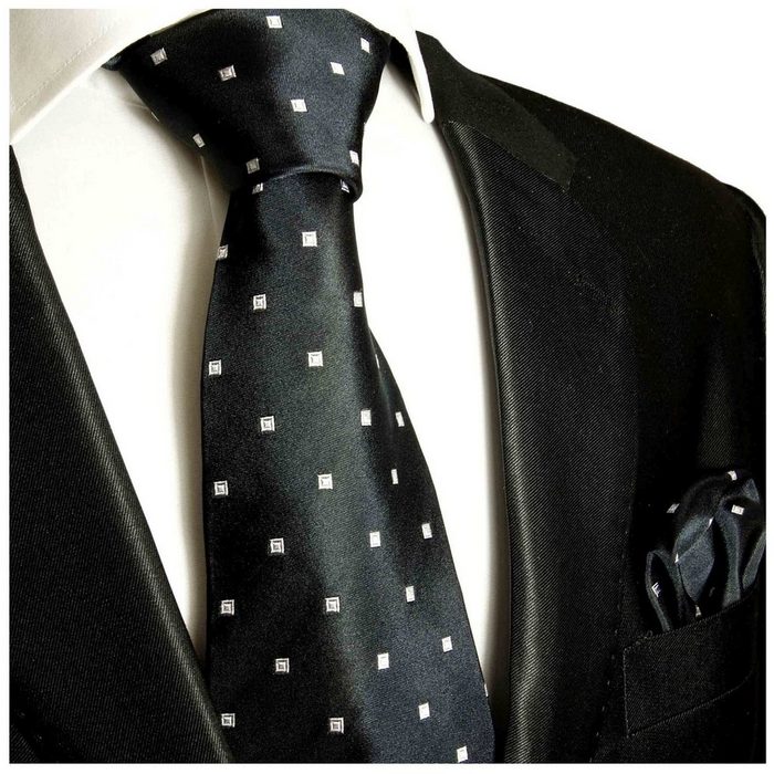 Paul Malone Krawatte Herren Seidenkrawatte und Tuch modern gepunktet 100% Seide (Set 2-St. Krawatte mit Einstecktuch) Breit (8cm) schwarz 523
