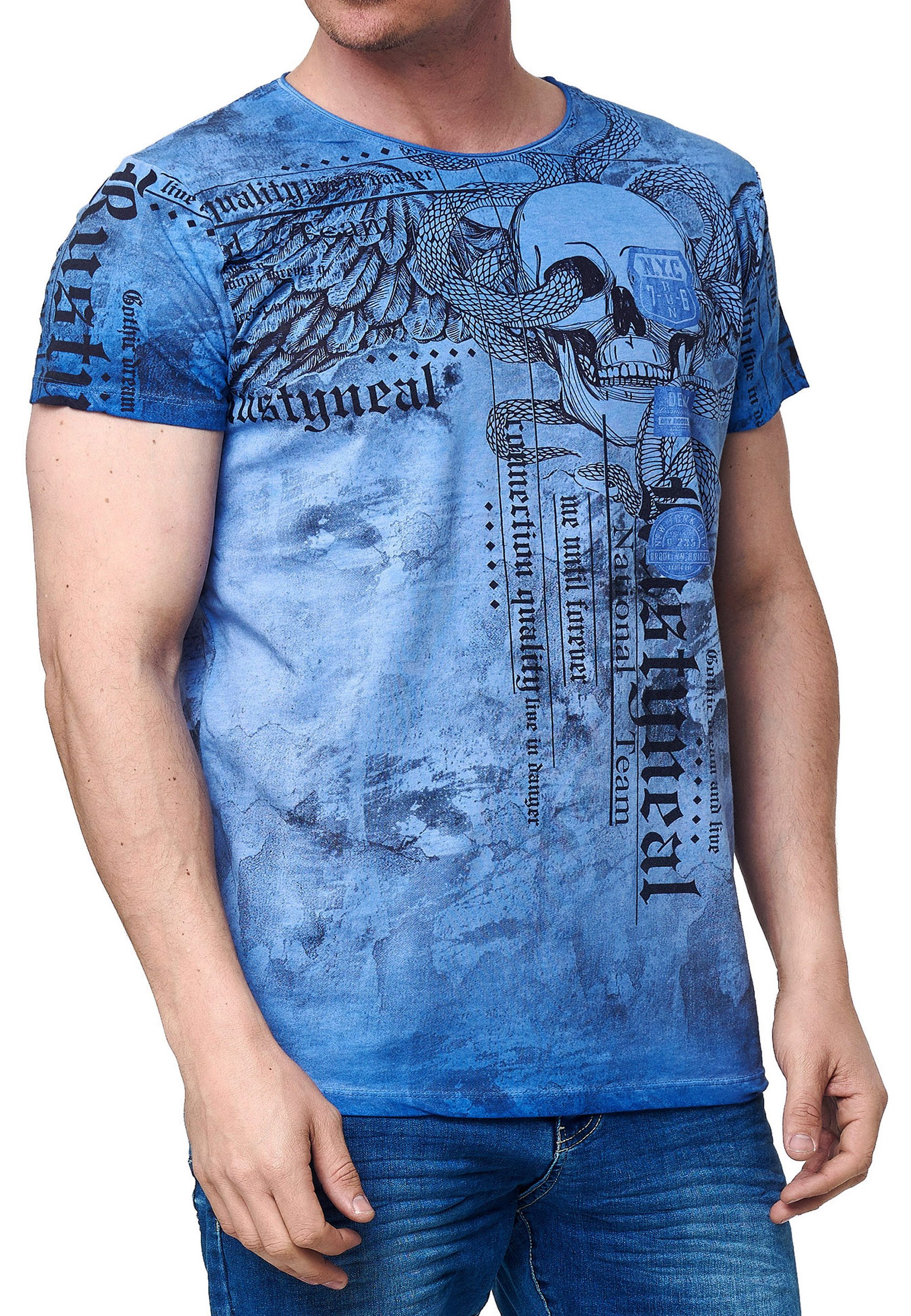 R-NEAL T-Shirt Herren T-Shirt Oil Washed Skull Printed 100% Cotton S M L XL XXL 3XL