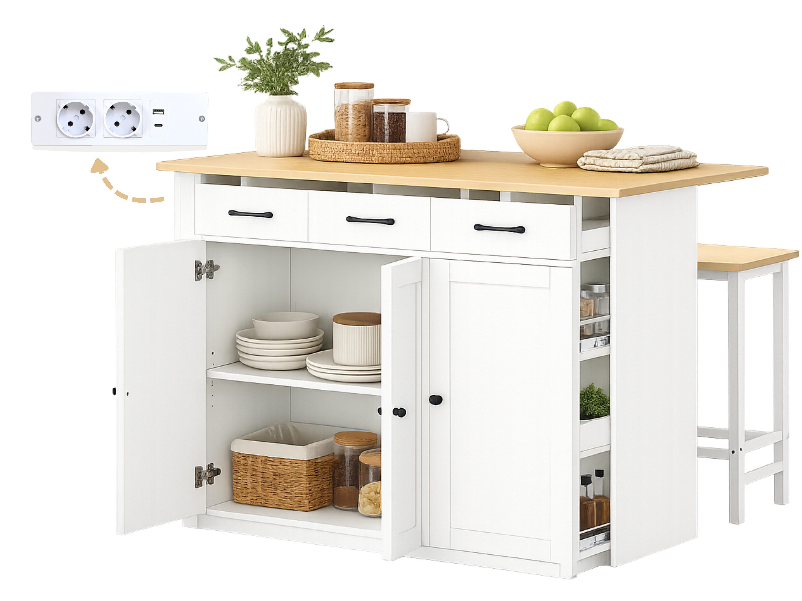 SeedWave Kücheninsel freistehend mit 120cm Klappbarer Arbeitsplatte, 2 Hocker, Ladefunktion, 3 Teilig, Küchenschrank mit Ausziehregalen