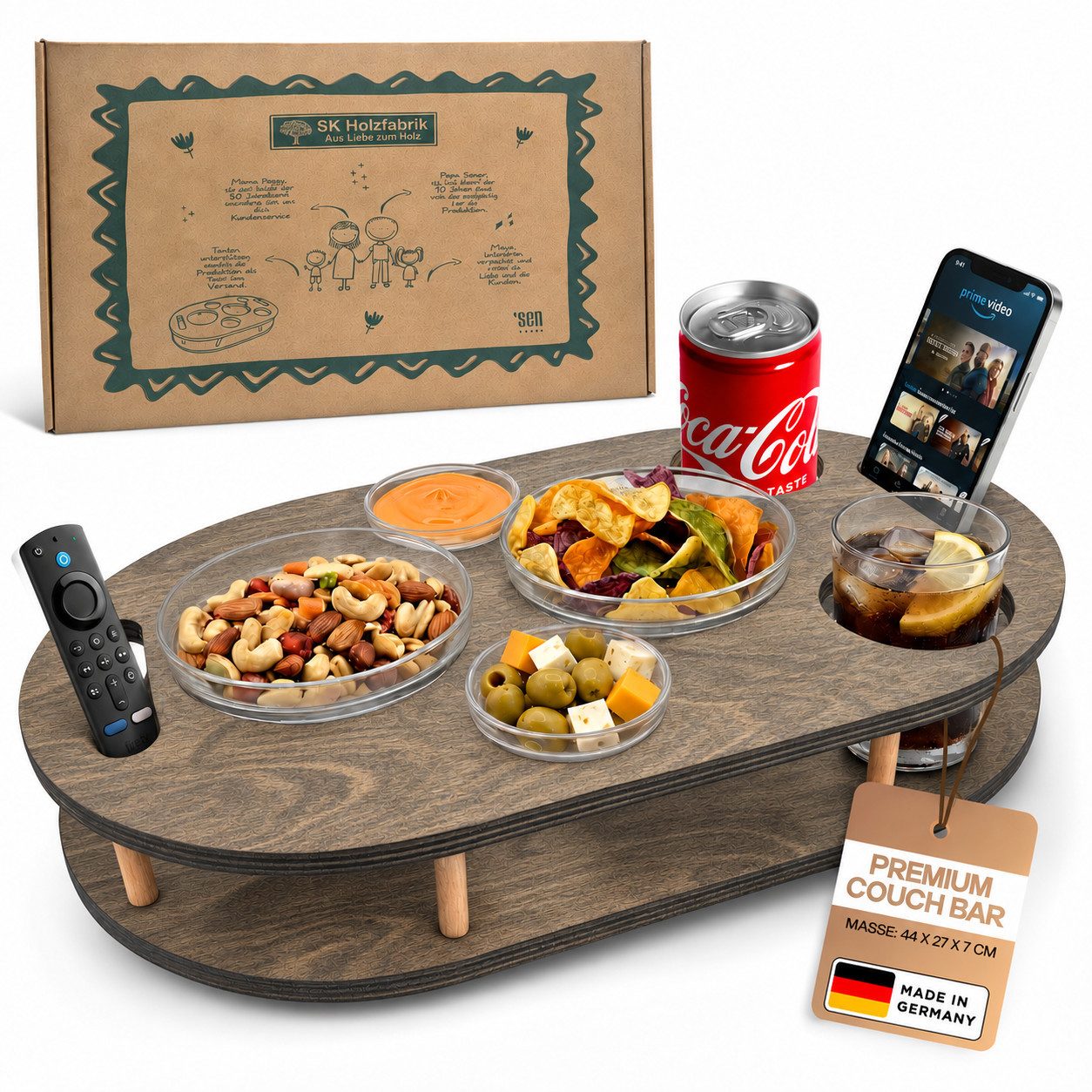 PEGSEN Servierplatte Couchbar Snackbox mit 4 Snackschalen Couch Tablett, Birkenholz, (Set, 5-tlg., 4x Glasschalen), Getränke & Snacks stehen stabil