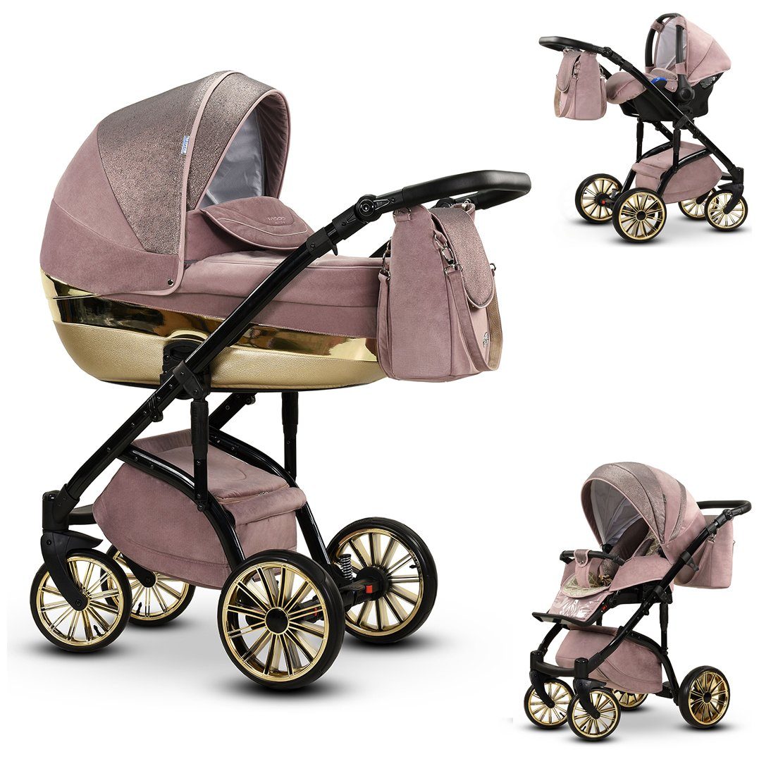 1 - 3 babies-on-wheels Lux 16 Farben Kinderwagen-Set 12 - Teile Rosa-Gold-Dekor Kombi-Kinderwagen in in Vip