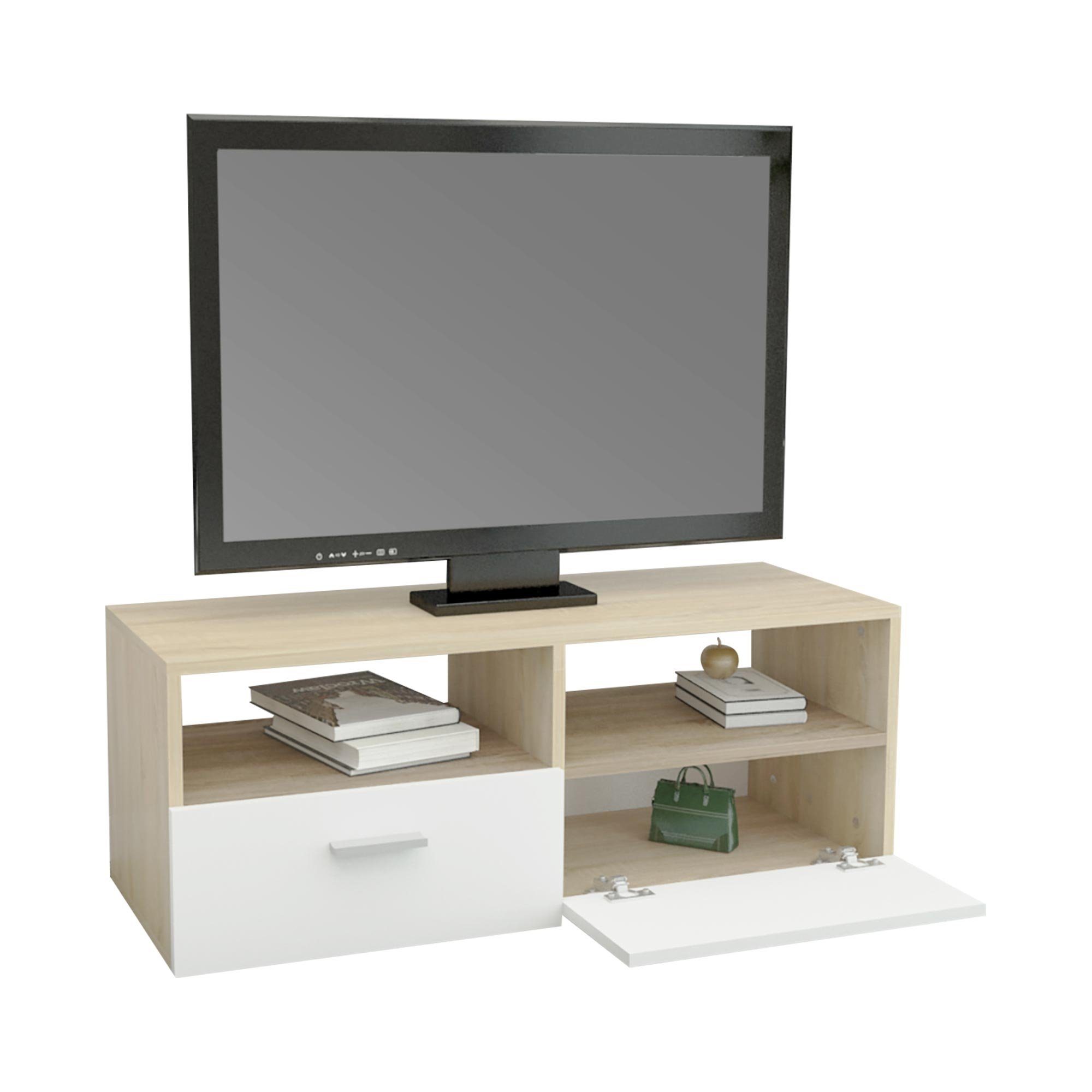ML-DESIGN Sideboard TV-Lowboard Modernes TV-Board mit Stauraum für Wohnzimmer, aus Holz, mit 2 Klapptüren und 2 offenen Fächern Braun, Weiß