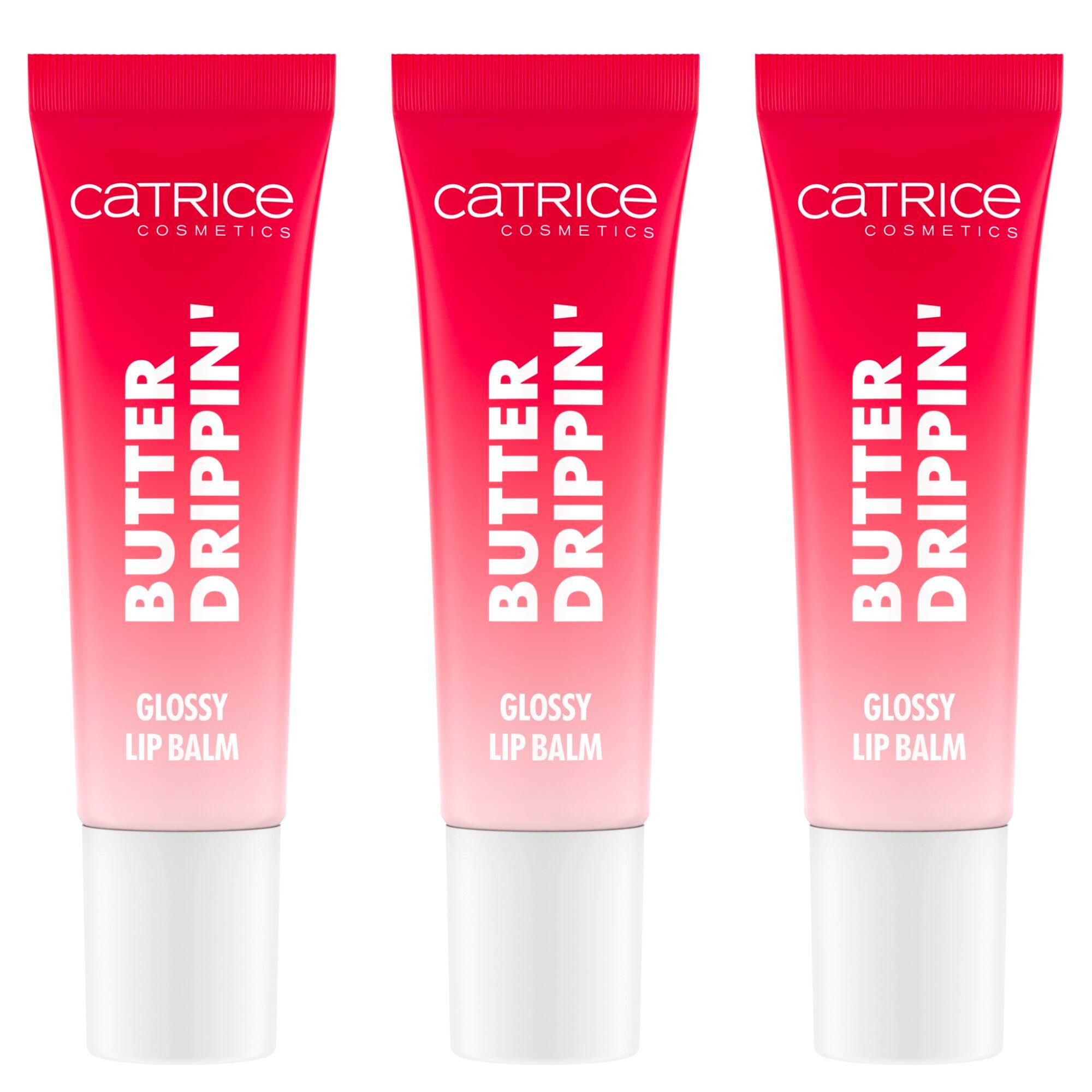 Catrice Lippenbalsam Butter Drippin' Glossy Lip Balm, 3-tlg., Dezenter Farbakzent, geschmeidig, hochglänzend, spendet Feuchtigkeit.