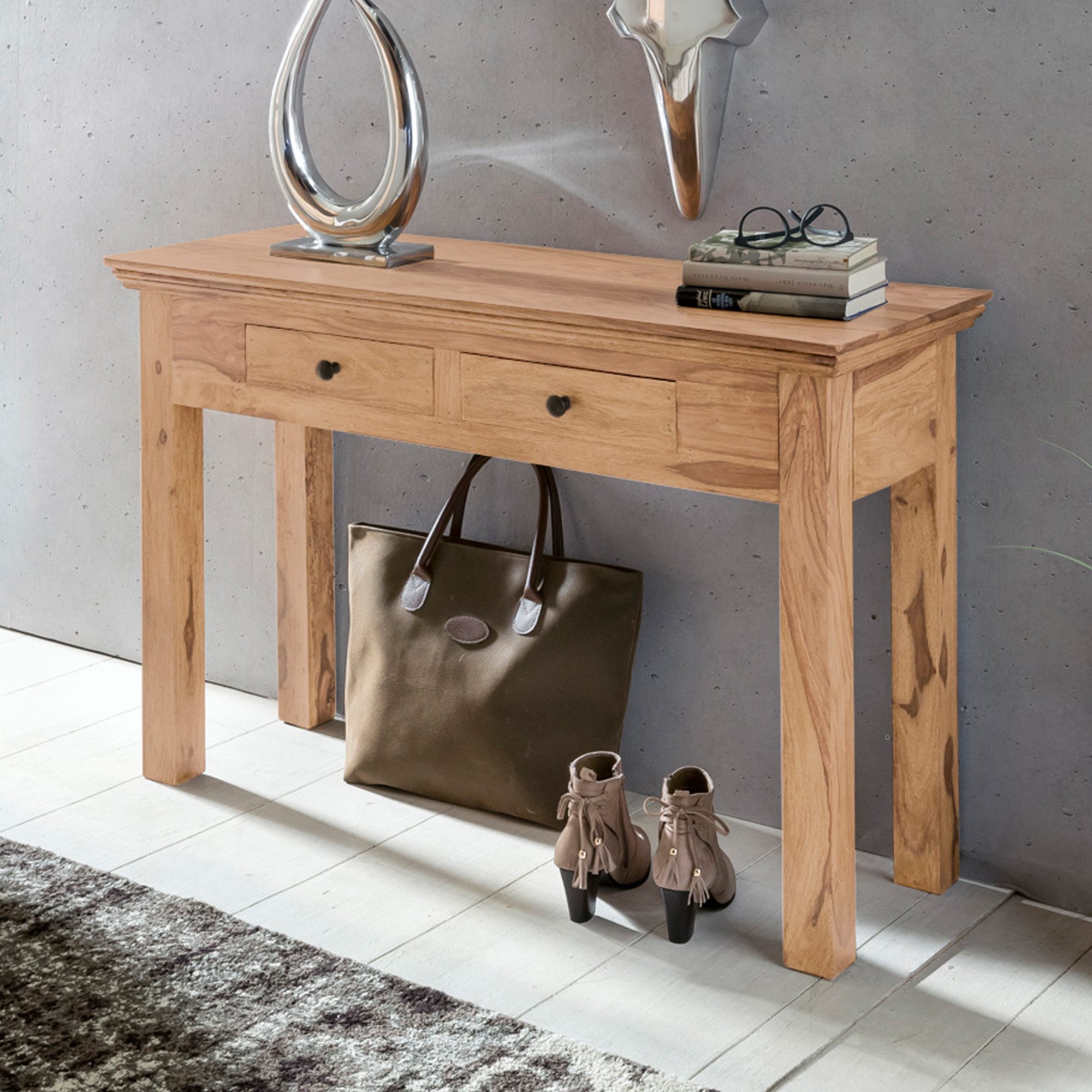 FINEBUY Konsolentisch SuVa2385_1 (Akazie Massivholz 110x40x76 cm, Rechteckig Schub), Anrichte Flur, Flurtisch Holztisch Naturholz