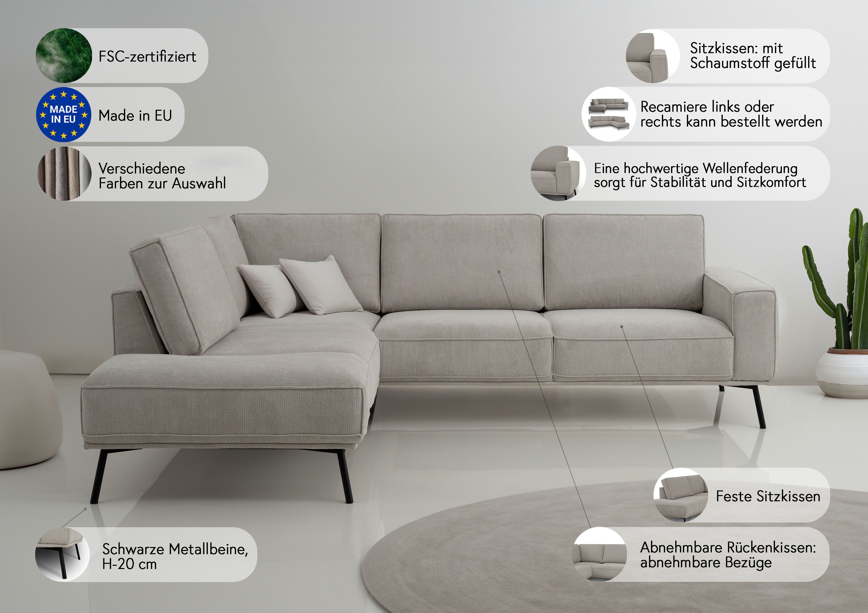 OTTO home Ecksofa Vosby, 260 cm, Chenille, mit dekorativer Kedernaht, Wellenunterfederung