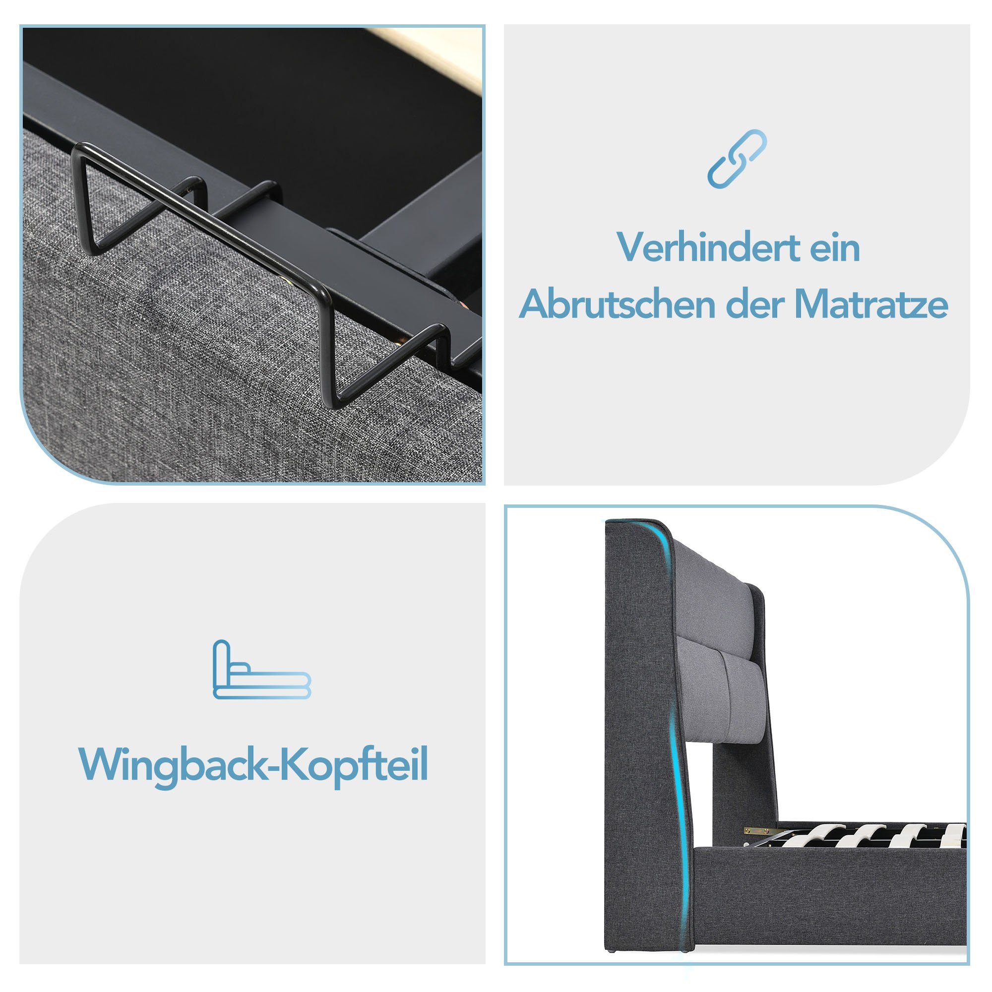 Boxspringbett (Polsterbett mit Verstellbare Kopfstützen, Lattenrost und Bettkasten), Stauraumbett Hydraulisches Bett 140 x 200 cm, Bezug aus Leinen