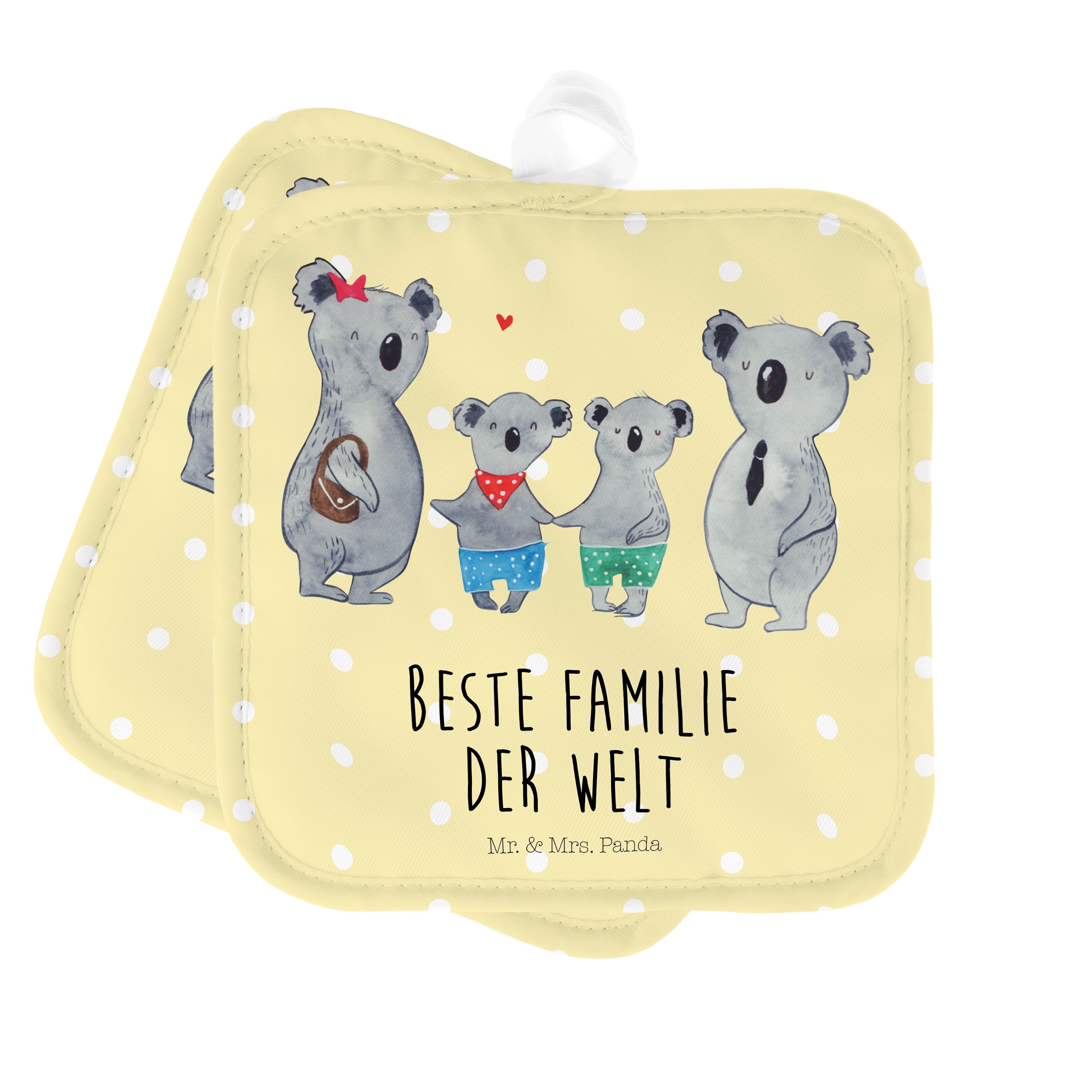 Mr. & Mrs. Panda Topflappen Koala Familie zwei - Gelb Pastell - Geschenk, Topflappen lustig, Fami, (1-tlg) | Topflappen