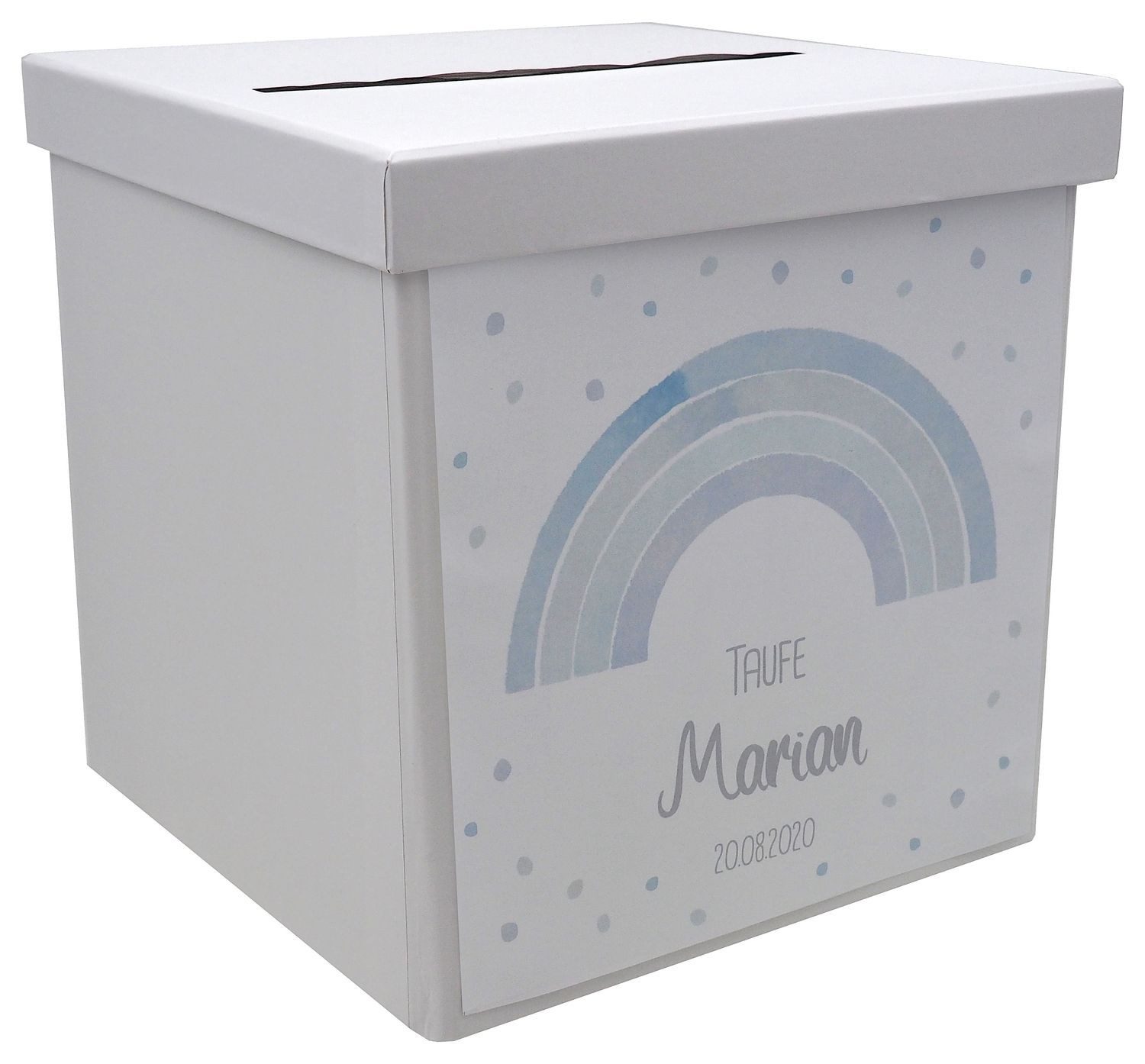 ZauberDeko Geschenkbox Briefbox Regenbogen Blau Taufe Kommunion Konfirmation MIT NAME